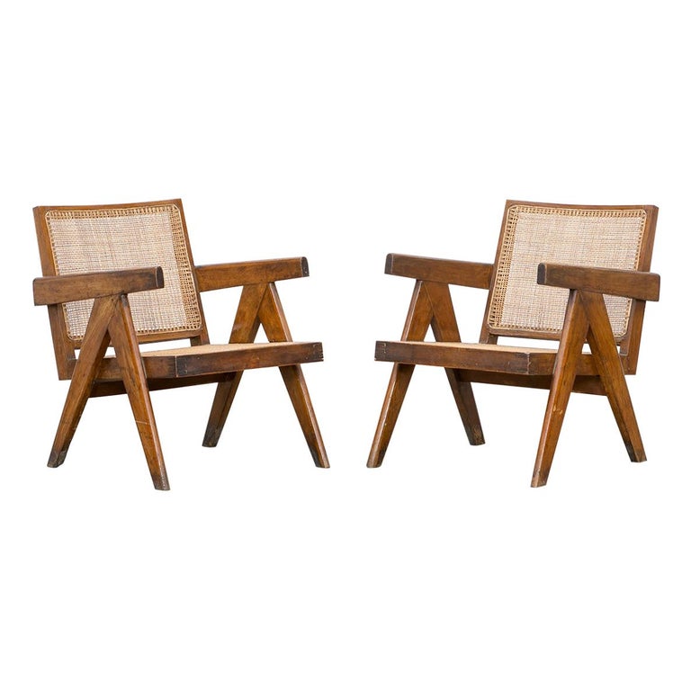 1950s Brown Wooden Teak and Cane Lounge Chairs by Pierre Jeanneret 'k' For Sale