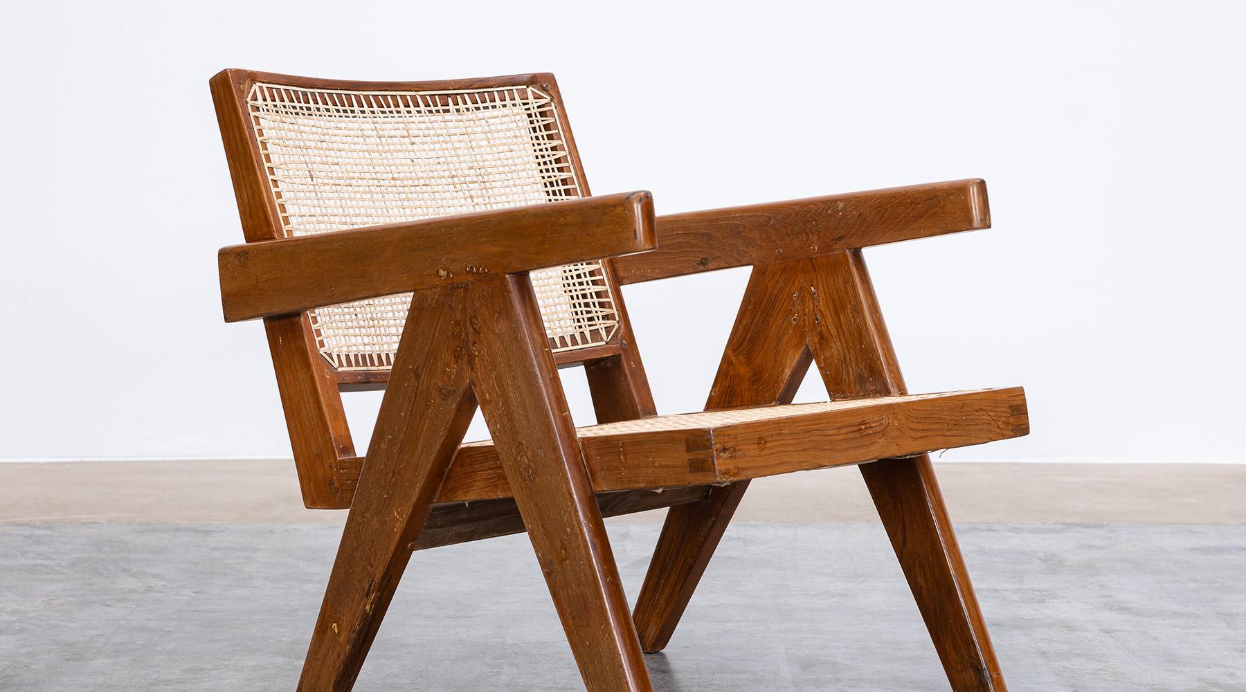1950s Brown Wooden Teak and Cane Lounge Chairs by Pierre Jeanneret 'l' For Sale 10