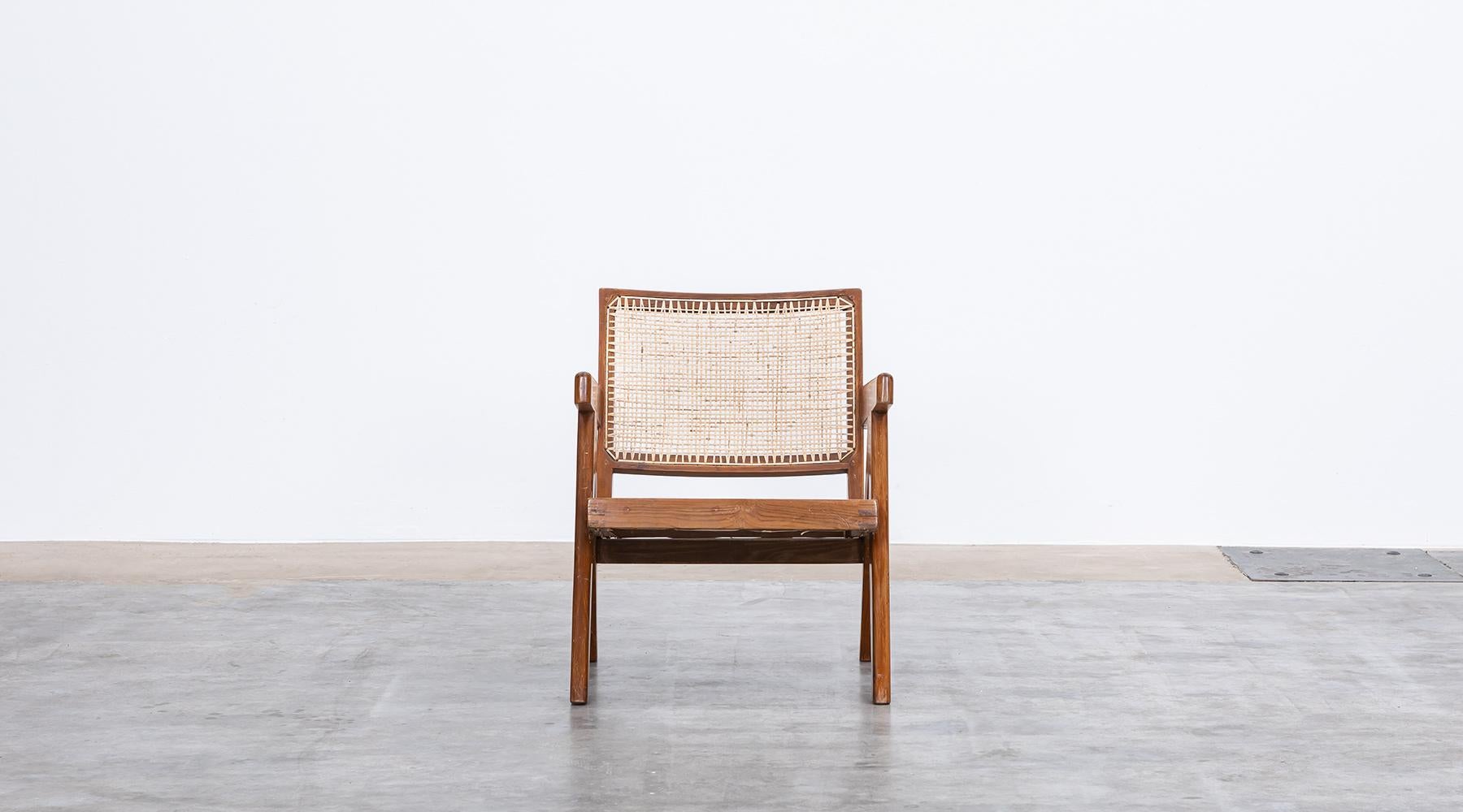 Mid-Century Modern 1950s Brown Wooden Teak and Cane Lounge Chairs by Pierre Jeanneret 'l' For Sale
