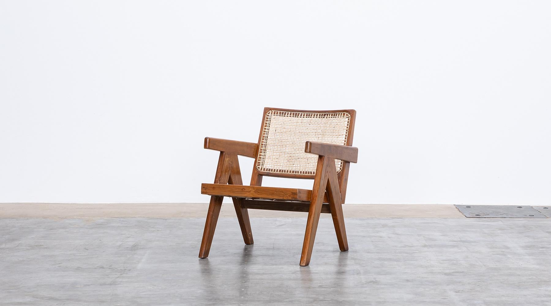 Indian 1950s Brown Wooden Teak and Cane Lounge Chairs by Pierre Jeanneret 'l' For Sale