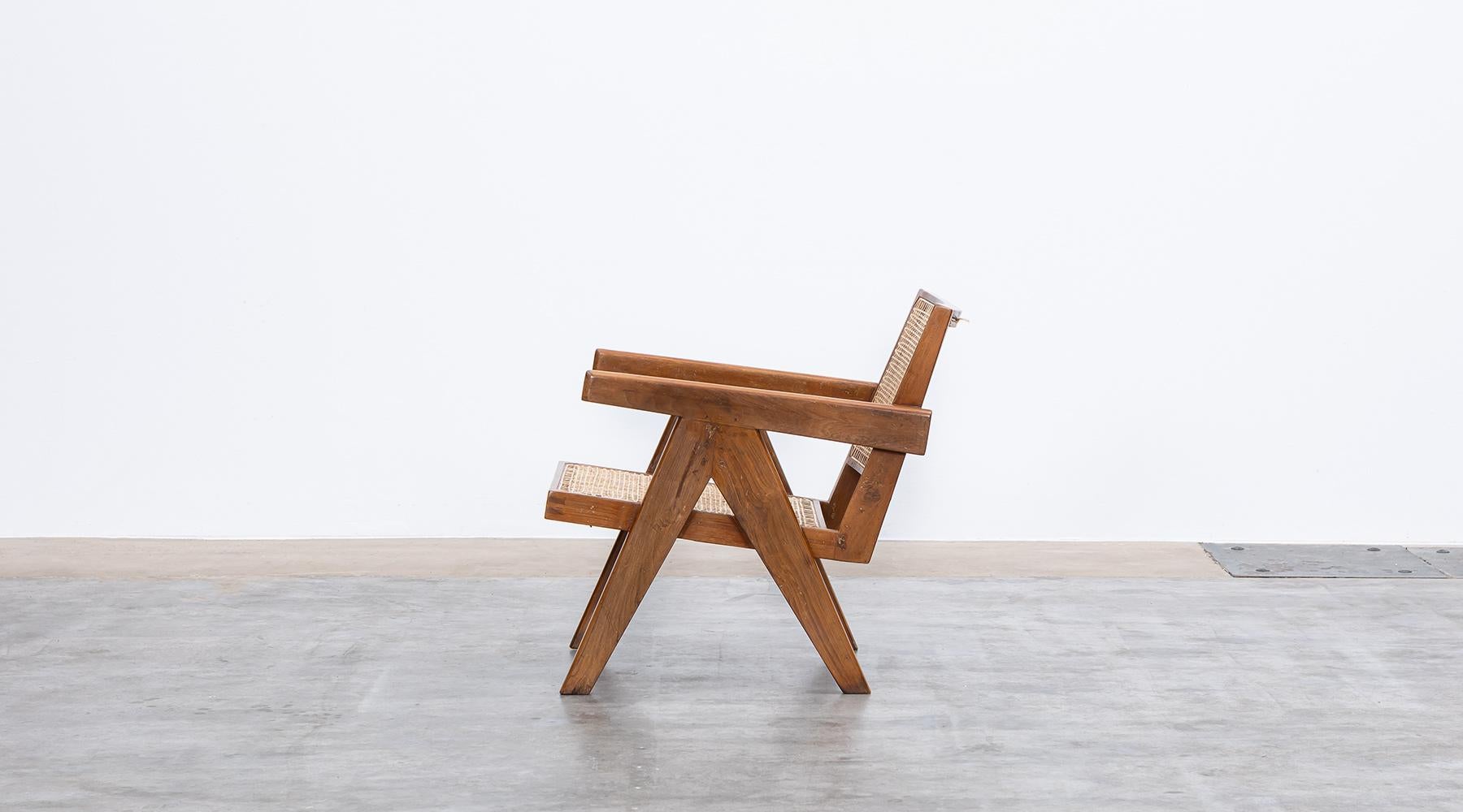 1950s Brown Wooden Teak and Cane Lounge Chairs by Pierre Jeanneret 'l' For Sale 1