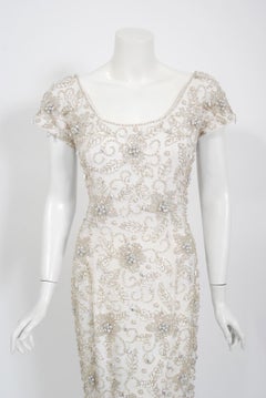 1950's Bruce Arnold Couture Beaded Floral Motif Ivory Crepe Hourglass Gown