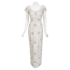 1950's Bruce Arnold Couture Beaded Floral Motif Ivory Crepe Hourglass Gown
