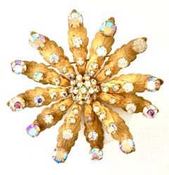 1950'S Brushed Gold & Austrian Crystal Rhinestone Dimensional Flower Brooch