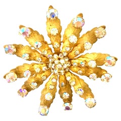1950'S Brushed Gold & Austrian Crystal Rhinestone Dimensional Flower Brooch