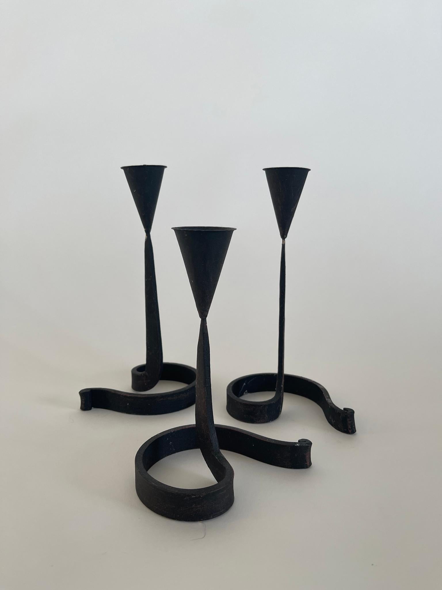 1950s Brutalist Wrought Iron Candlestick Holders In Good Condition In Miami, FL