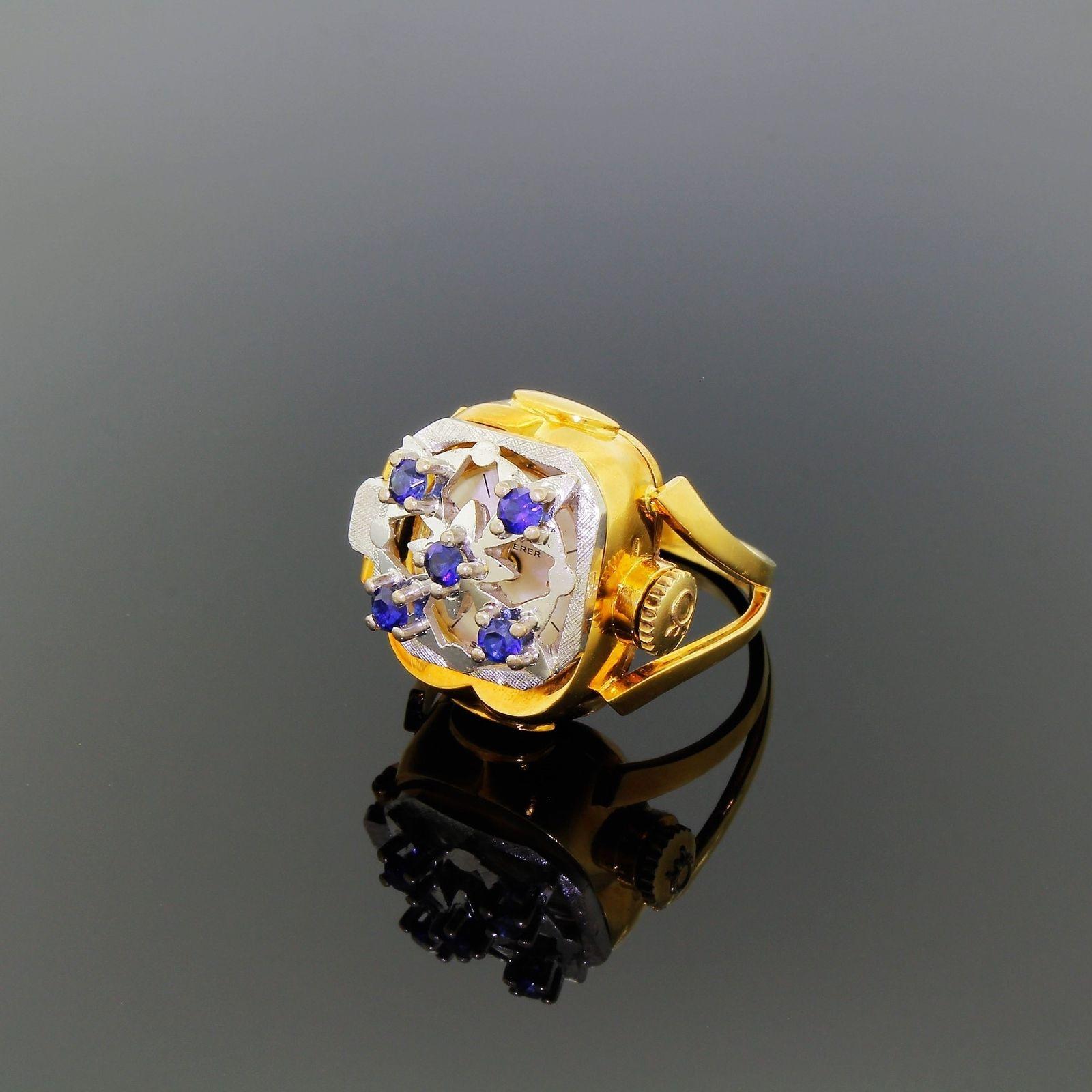 1950s Bucherer 18 Karat 750 White Yellow Gold Sapphire Watch Ring Incabloc 3