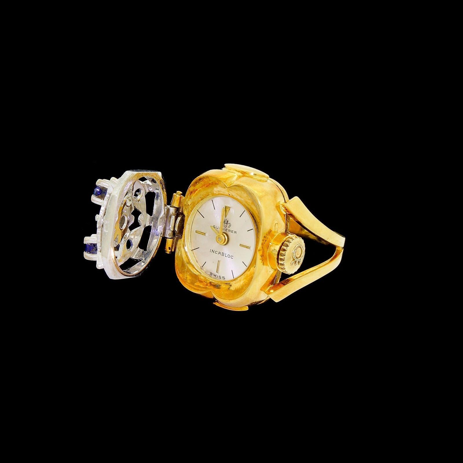 1950s Bucherer 18 Karat 750 White Yellow Gold Sapphire Watch Ring Incabloc In Good Condition In Lauderdale by the Sea, FL