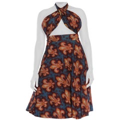 1950S Burgundy & Blue Cotton Fleur De Lis Batik Print Wrap Top Swing Skirt Dress