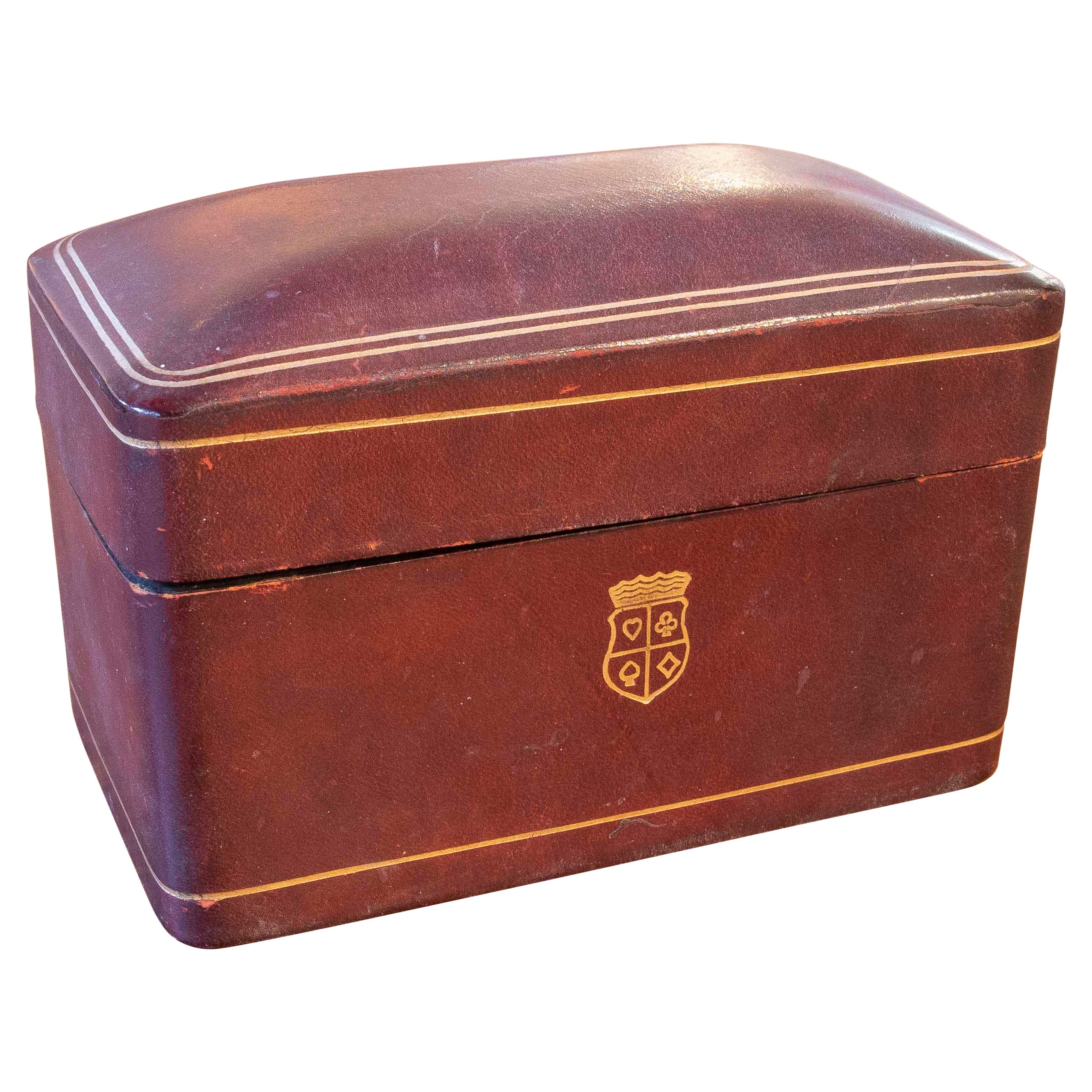 1950s Burgundy Leather Box with Gold Shield and Border Decoration For Sale