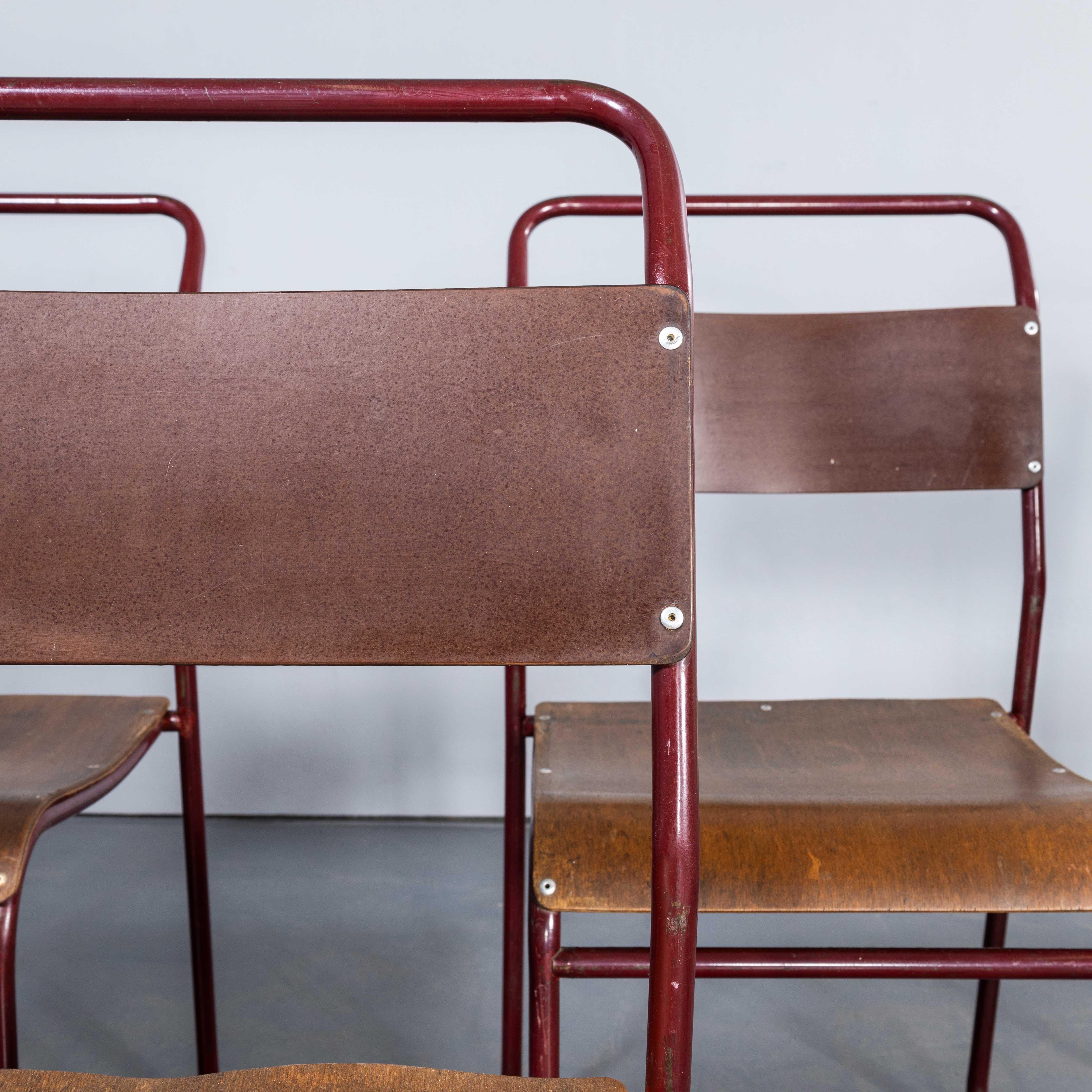 English 1950's Burgundy Tubular Metal Dining Chairs Sebel - Set Of Seven.