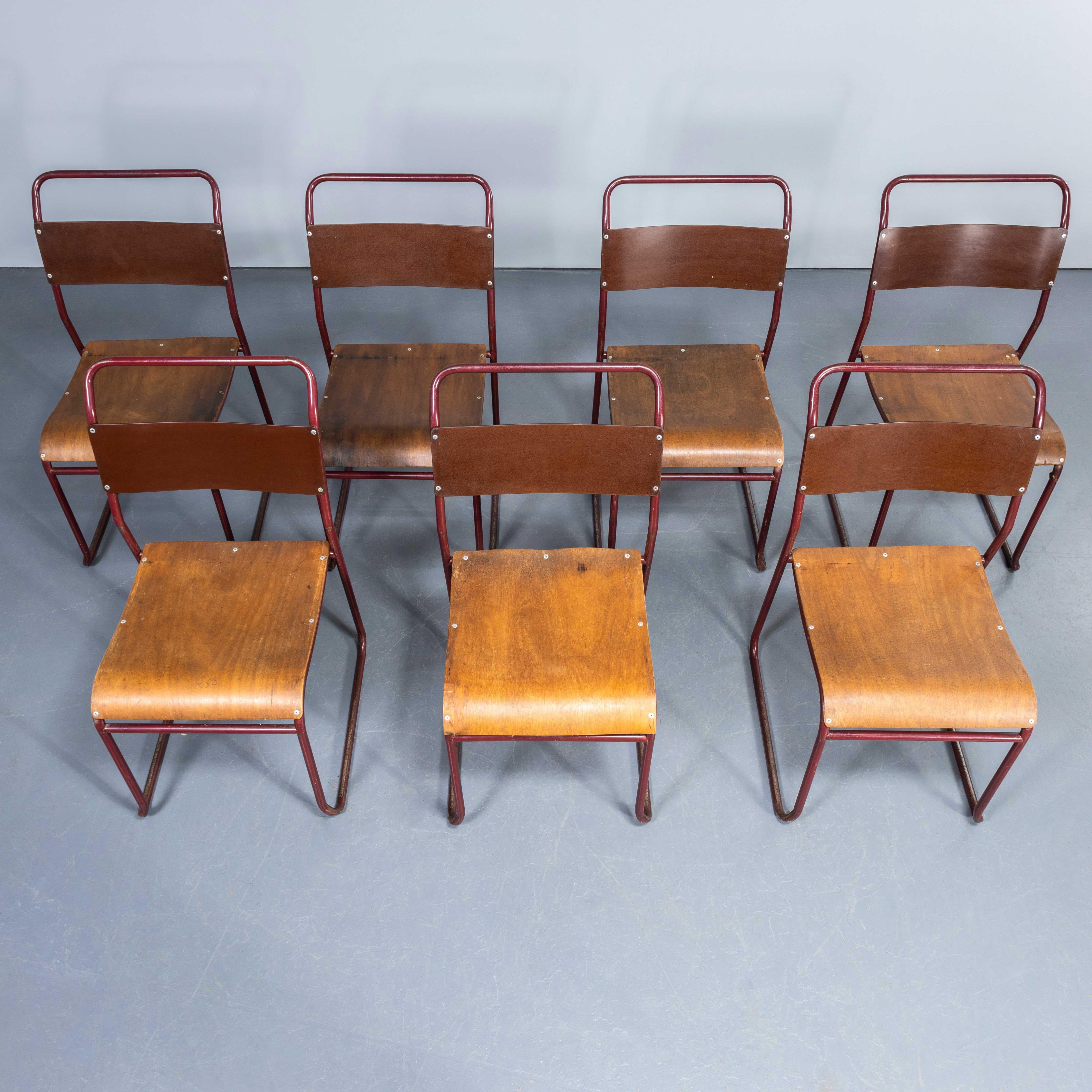 Mid-20th Century 1950's Burgundy Tubular Metal Dining Chairs Sebel - Set Of Seven.