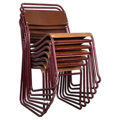 1950's Burgundy Tubular Metal Dining Chairs Sebel - Set Of Seven.
