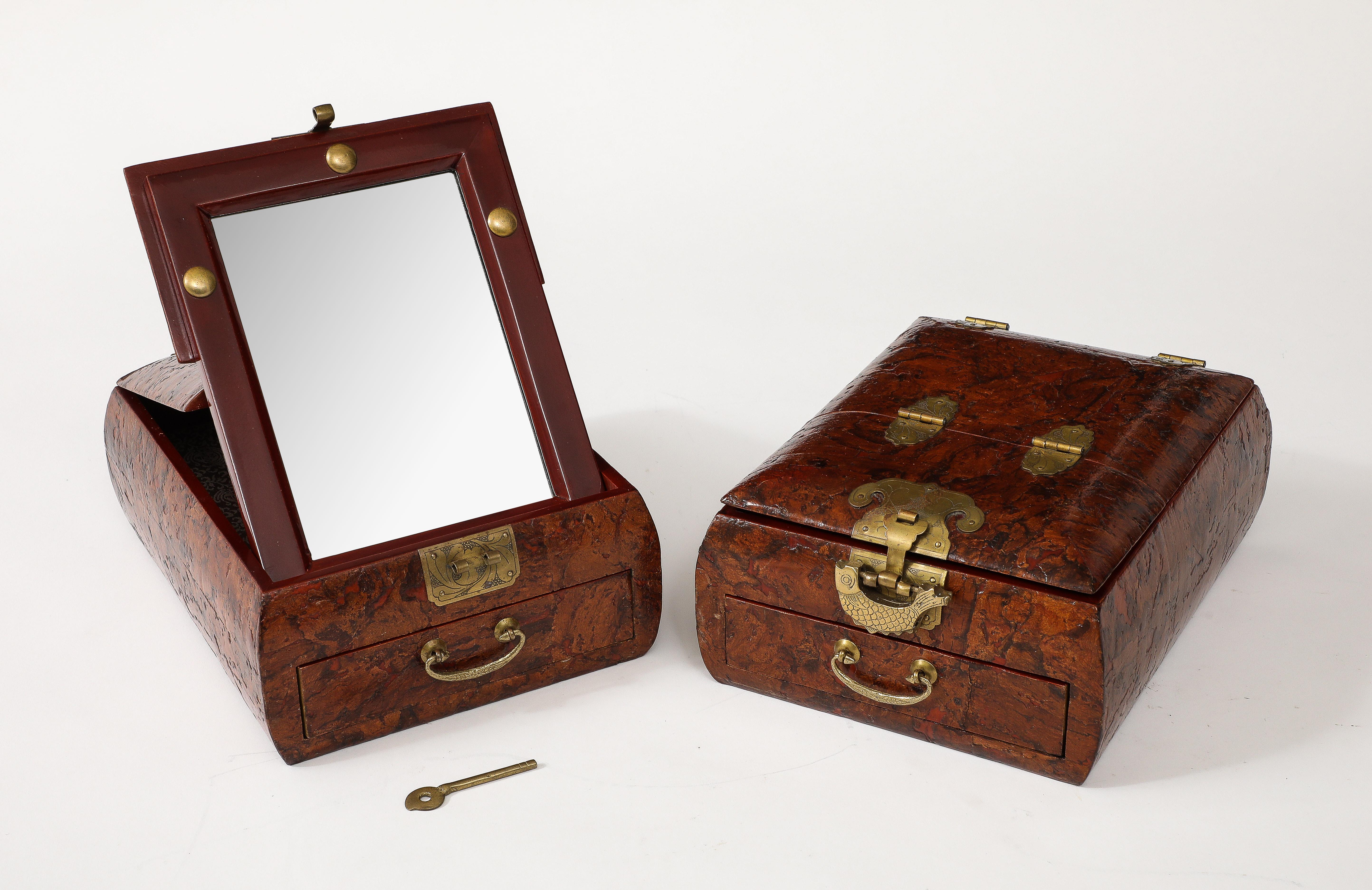 1950's Burl-wood Chinese Jewelry Boxes With Mirror For Sale 8