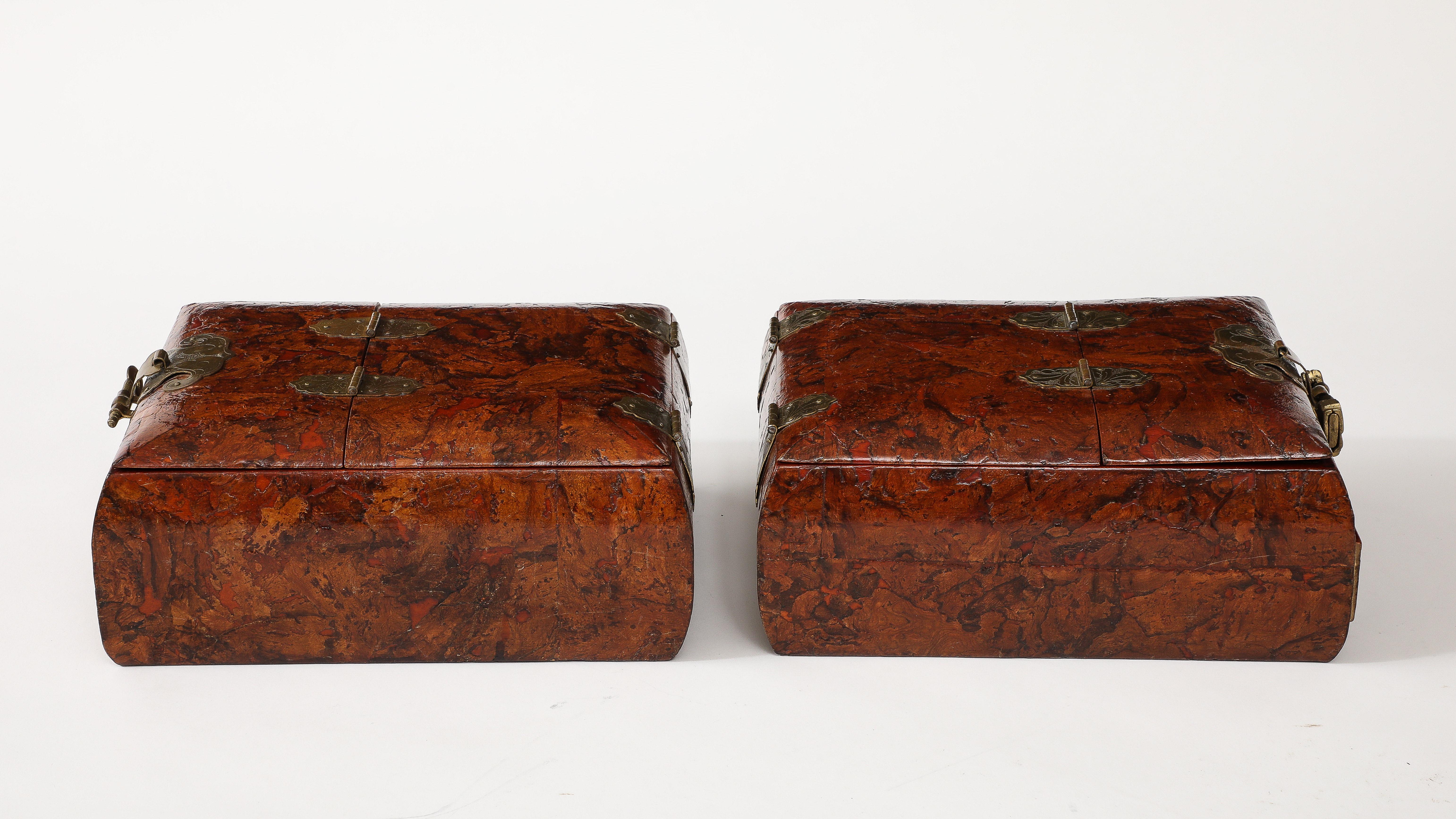 1950's burl-wood and brass Chinese jewelry boxes with mirrors, lightly restored with with minor wear and patina due to age and use. 