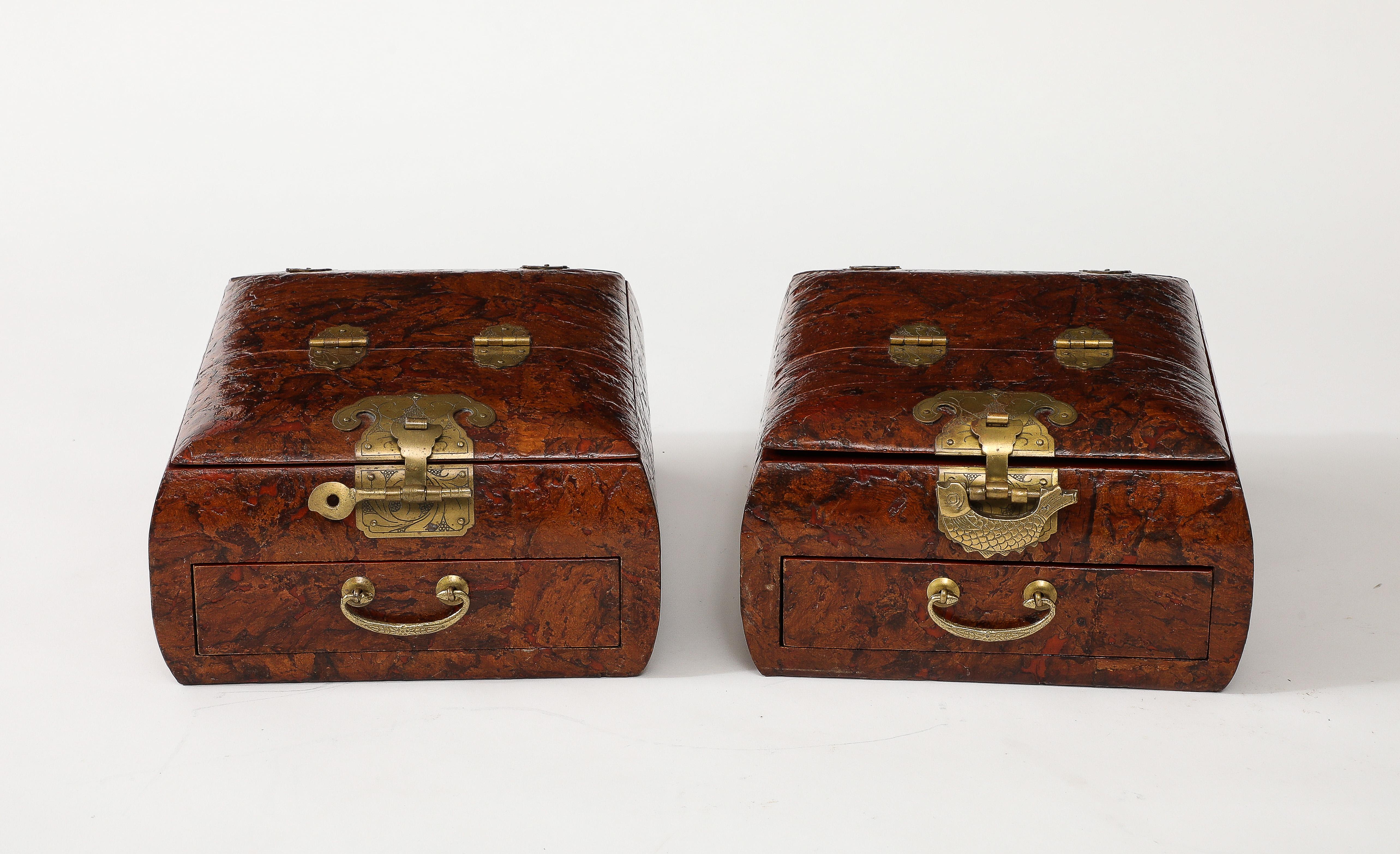 Brass 1950's Burl-wood Chinese Jewelry Boxes With Mirror For Sale
