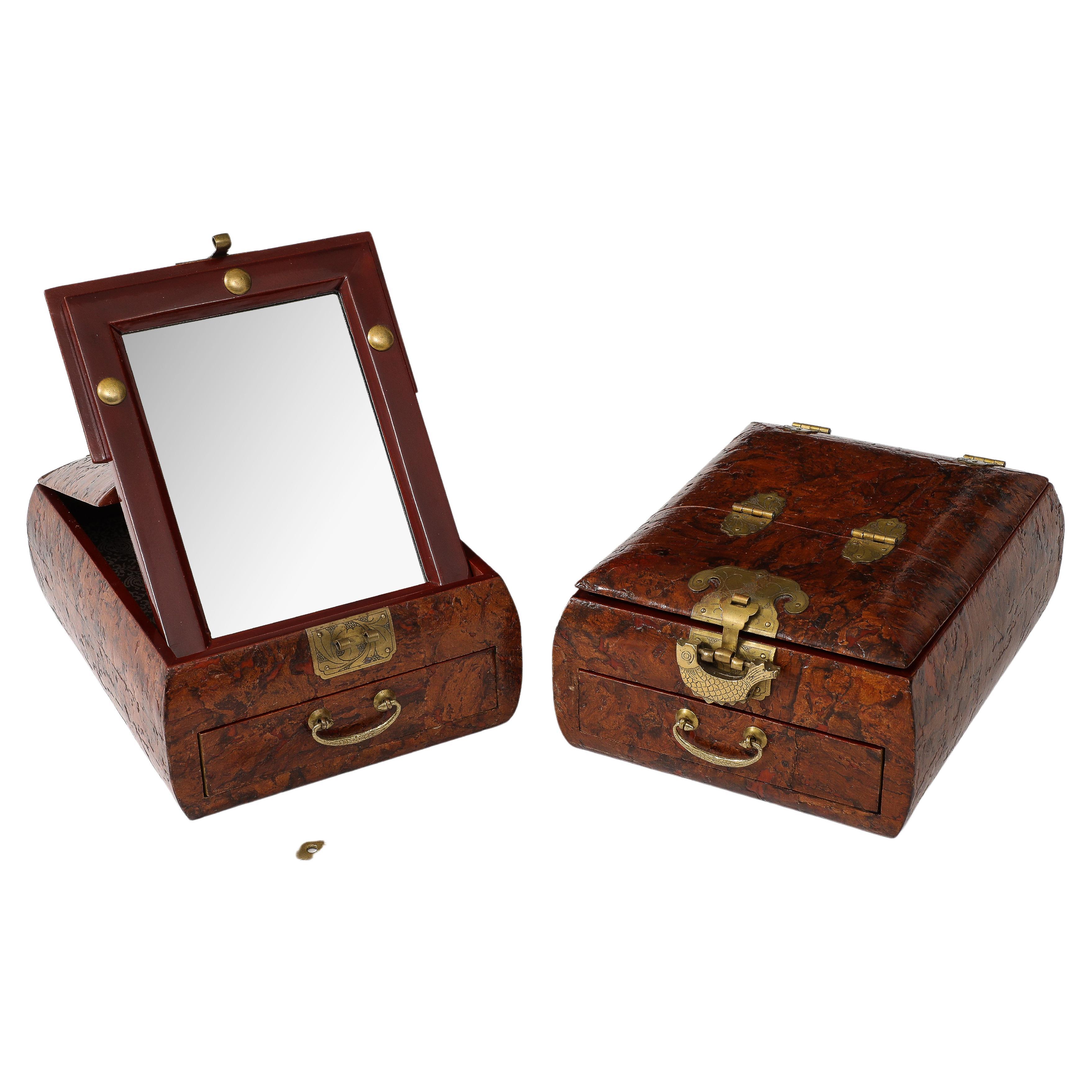 1950's Burl-wood Chinese Jewelry Boxes With Mirror For Sale