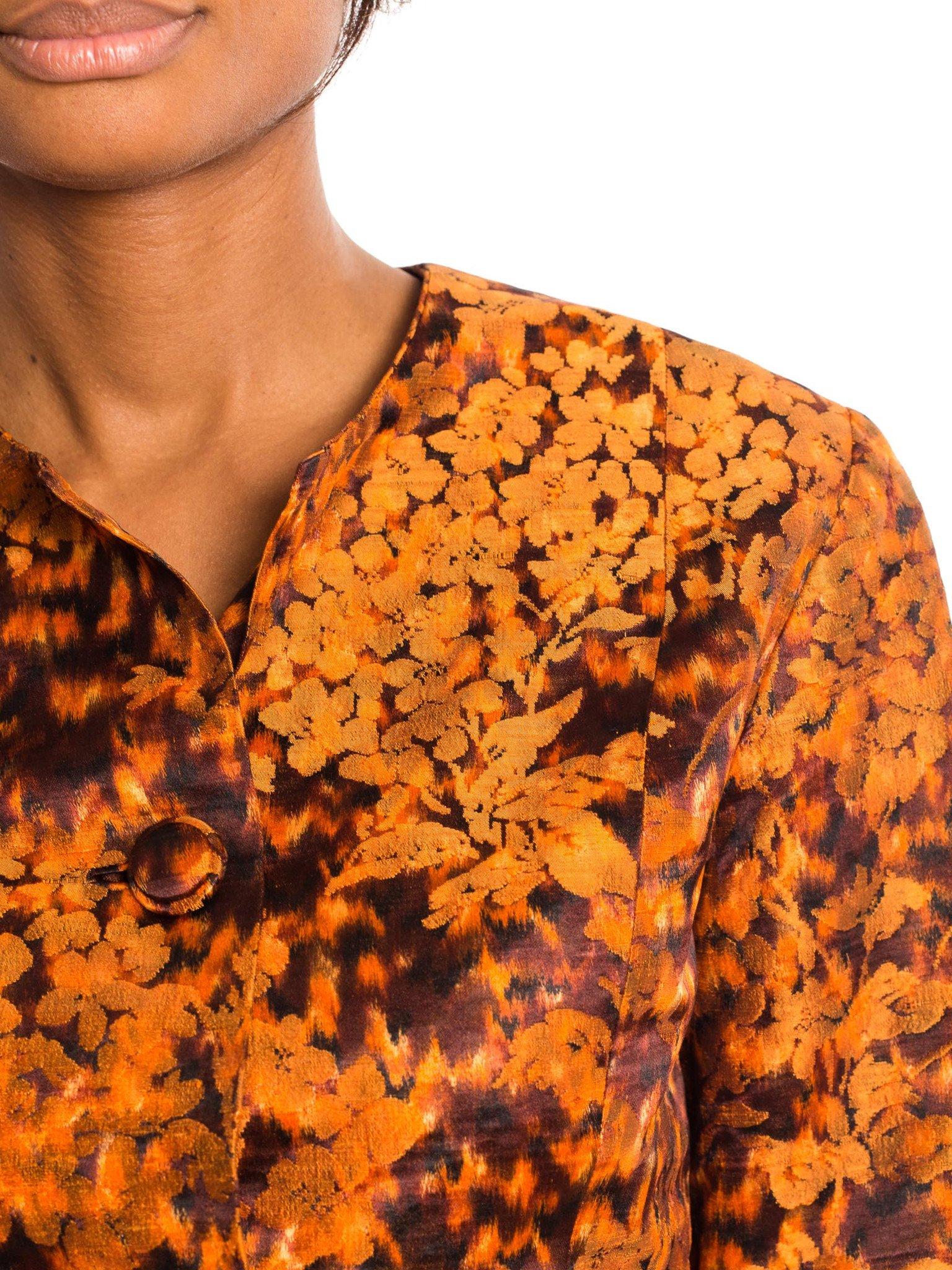 1950S Burnt Orange Silk Jacquard Hand Woven Ikat Floral Cropped Jacket 4