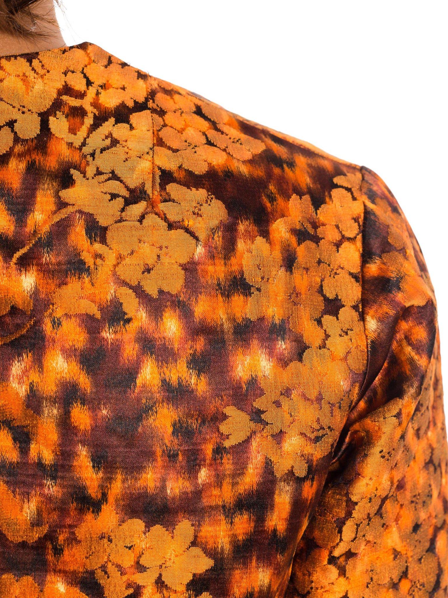 1950S Burnt Orange Silk Jacquard Hand Woven Ikat Floral Cropped Jacket 2