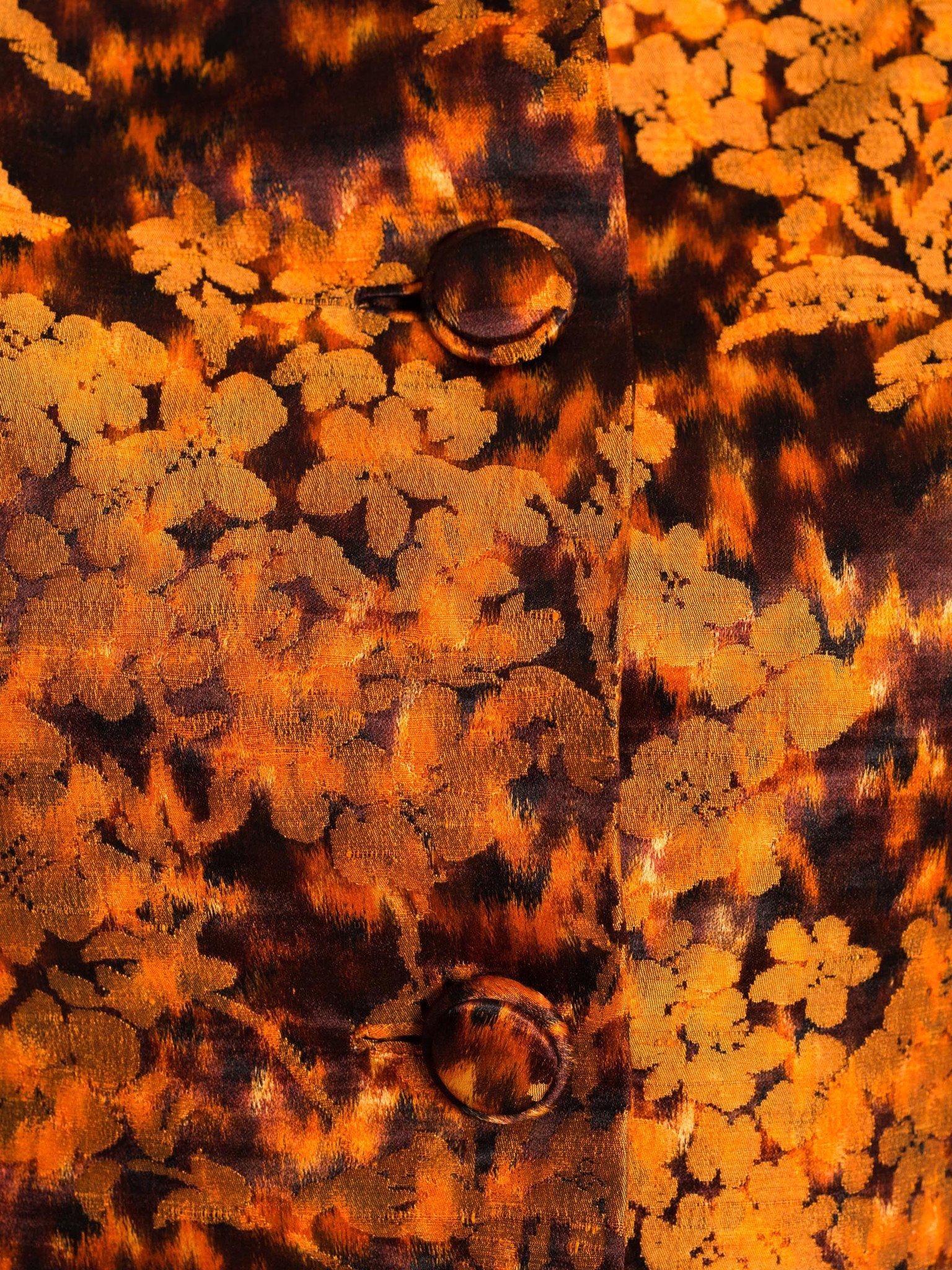1950S Burnt Orange Silk Jacquard Hand Woven Ikat Floral Cropped Jacket 3
