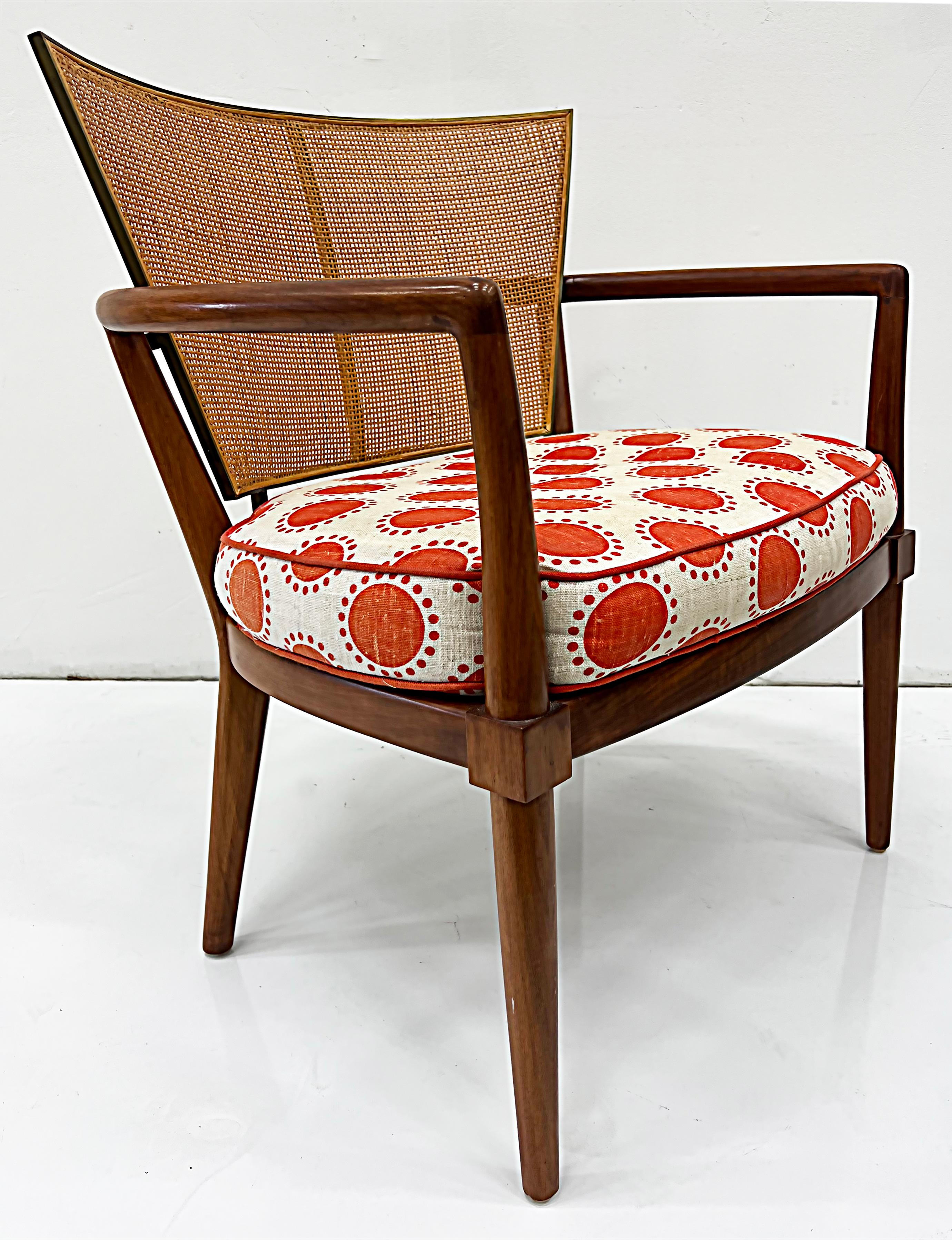 Mid-Century Modern 1950s Burt England Cane, Walnut and Brass Lounge Chairs, Pair