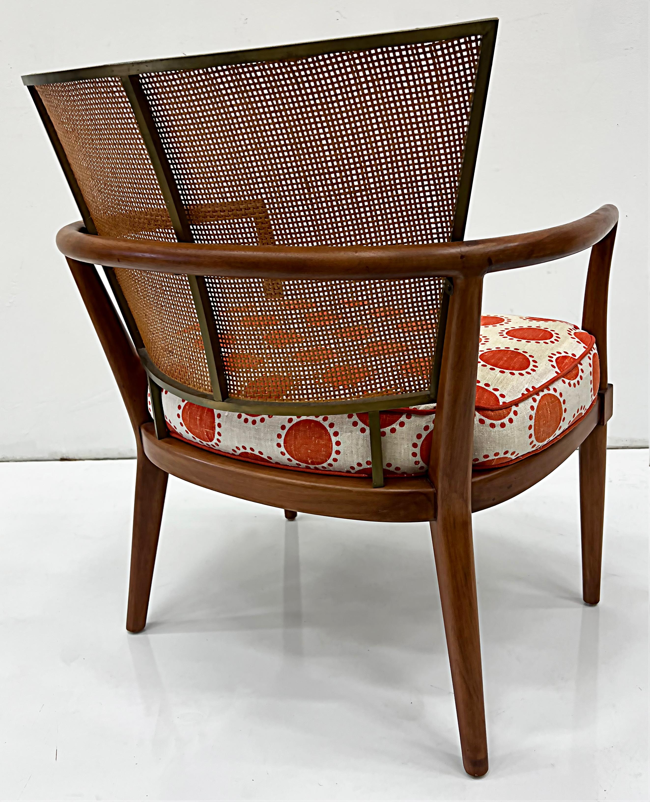 1950s Burt England Cane, Walnut and Brass Lounge Chairs, Pair In Good Condition In Miami, FL