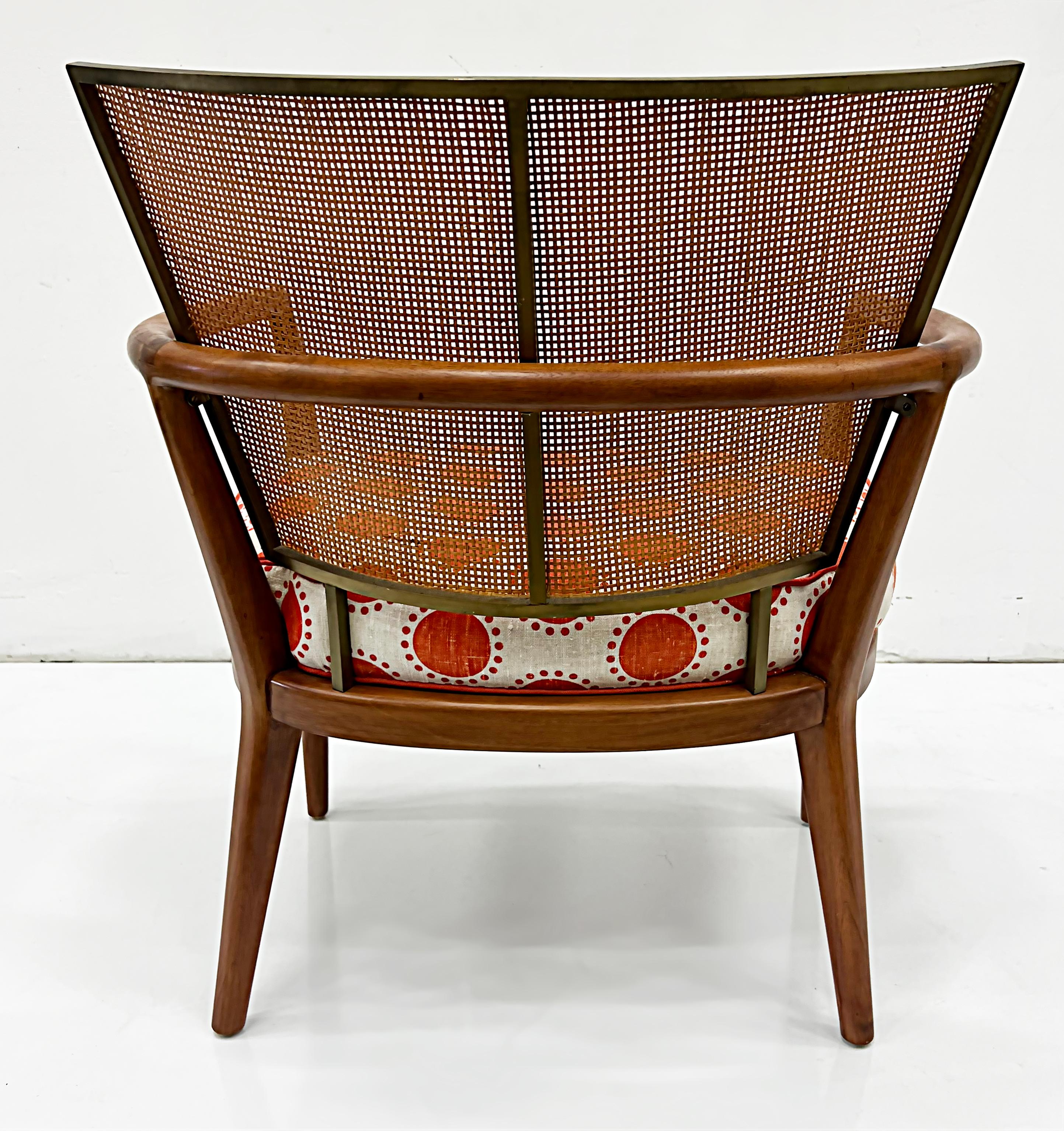 20th Century 1950s Burt England Cane, Walnut and Brass Lounge Chairs, Pair