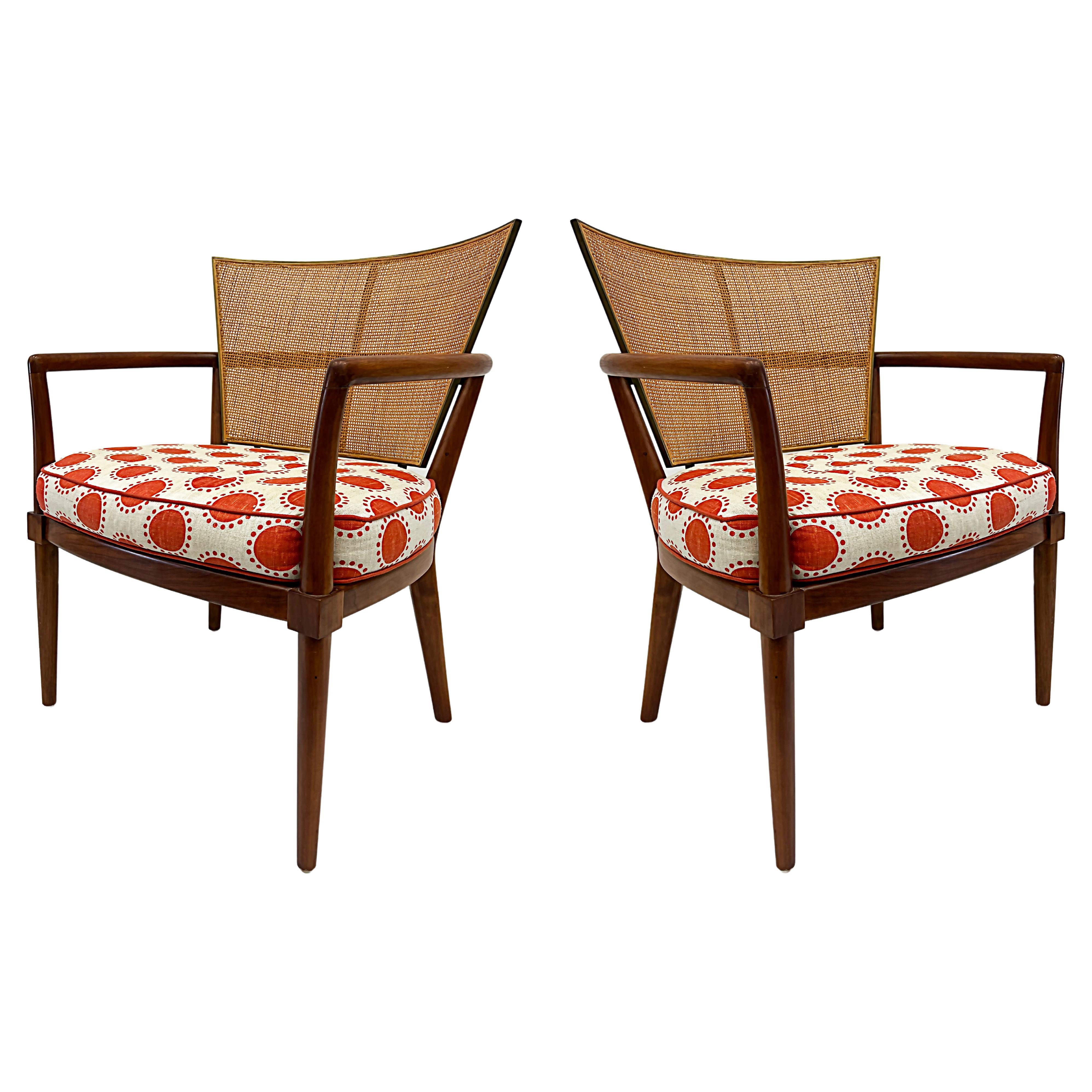 1950s Burt England Cane, Walnut and Brass Lounge Chairs, Pair