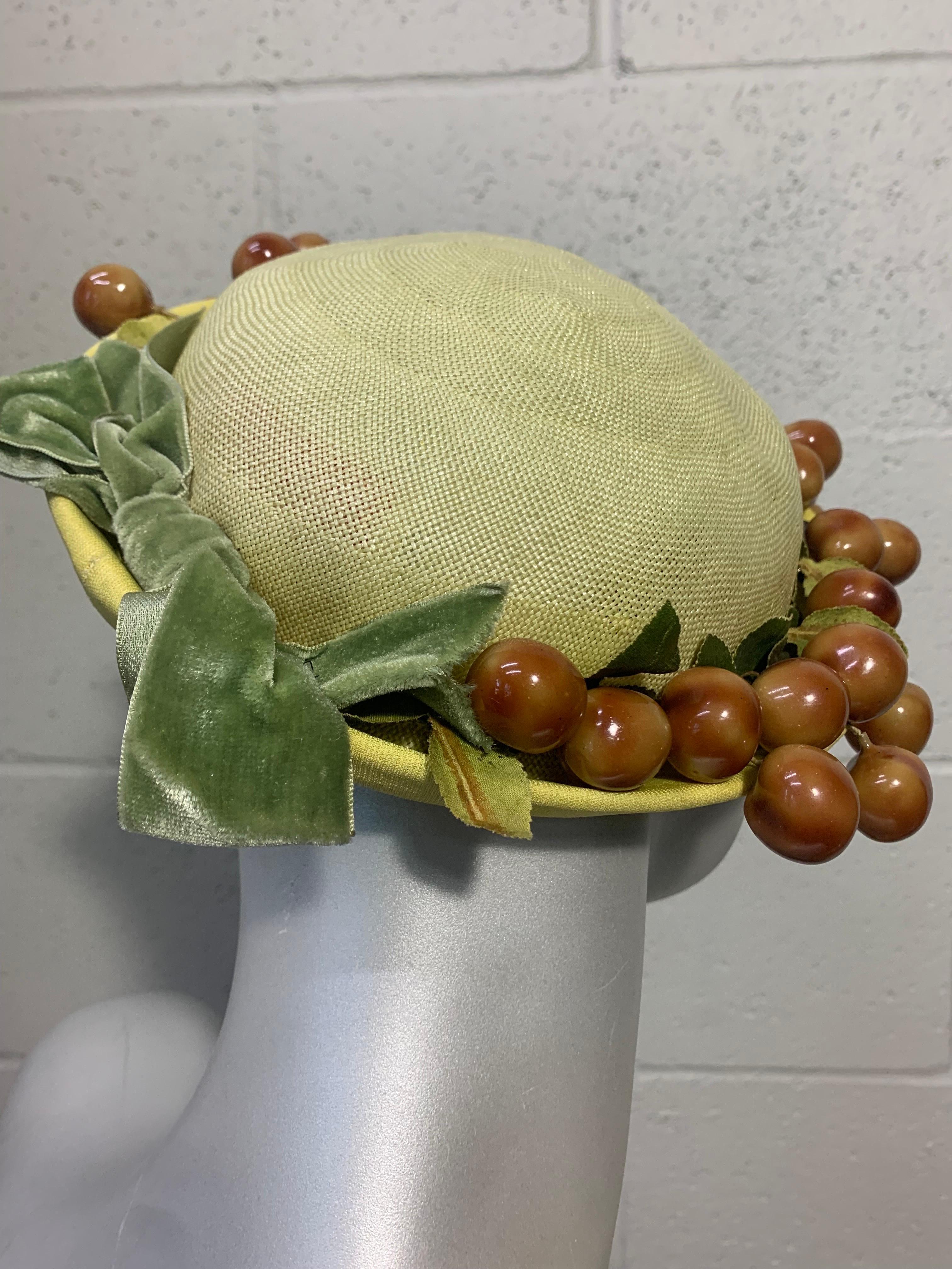 1950s Butter Yellow Breton Straw and Jersey Hat w Whimsical Cherry Garland In Excellent Condition For Sale In Gresham, OR