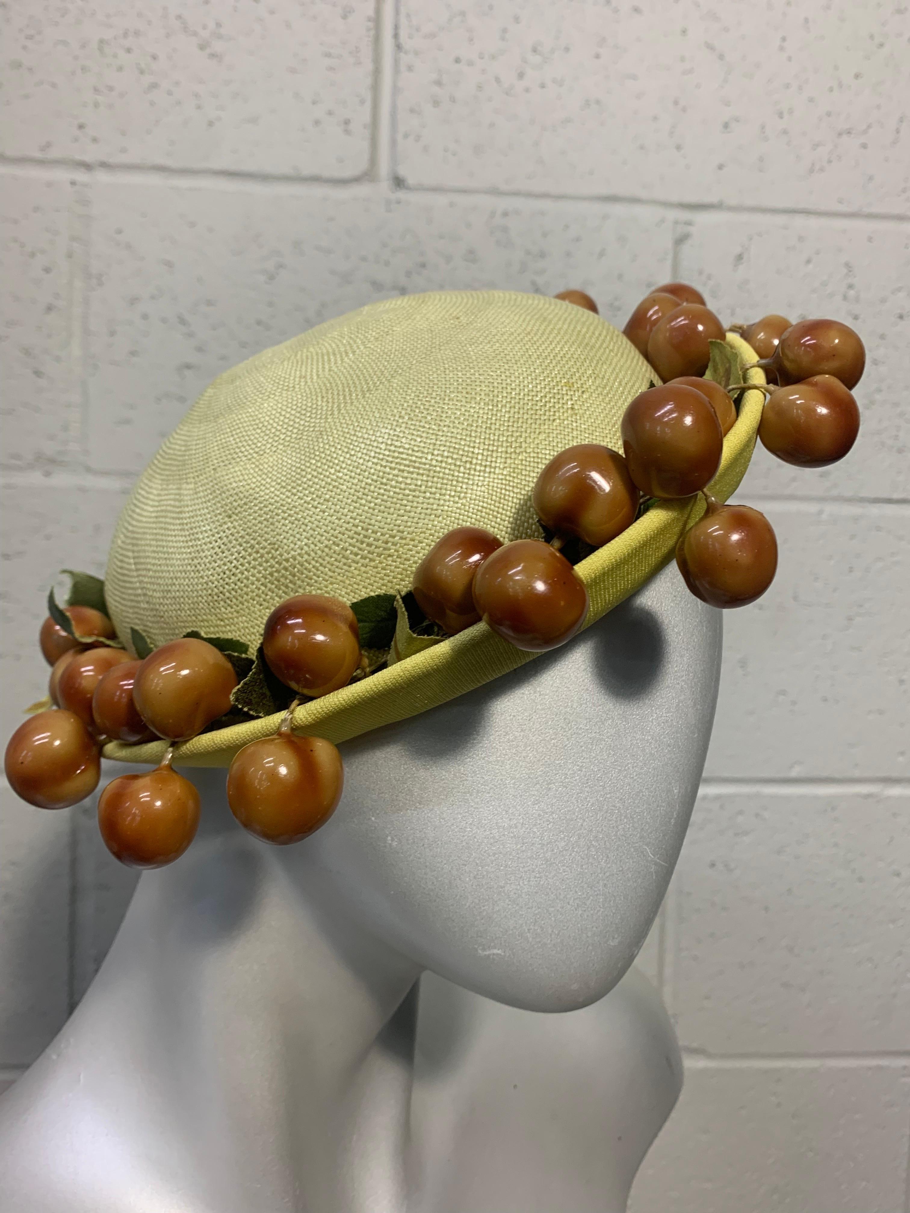 Women's 1950s Butter Yellow Breton Straw and Jersey Hat w Whimsical Cherry Garland For Sale