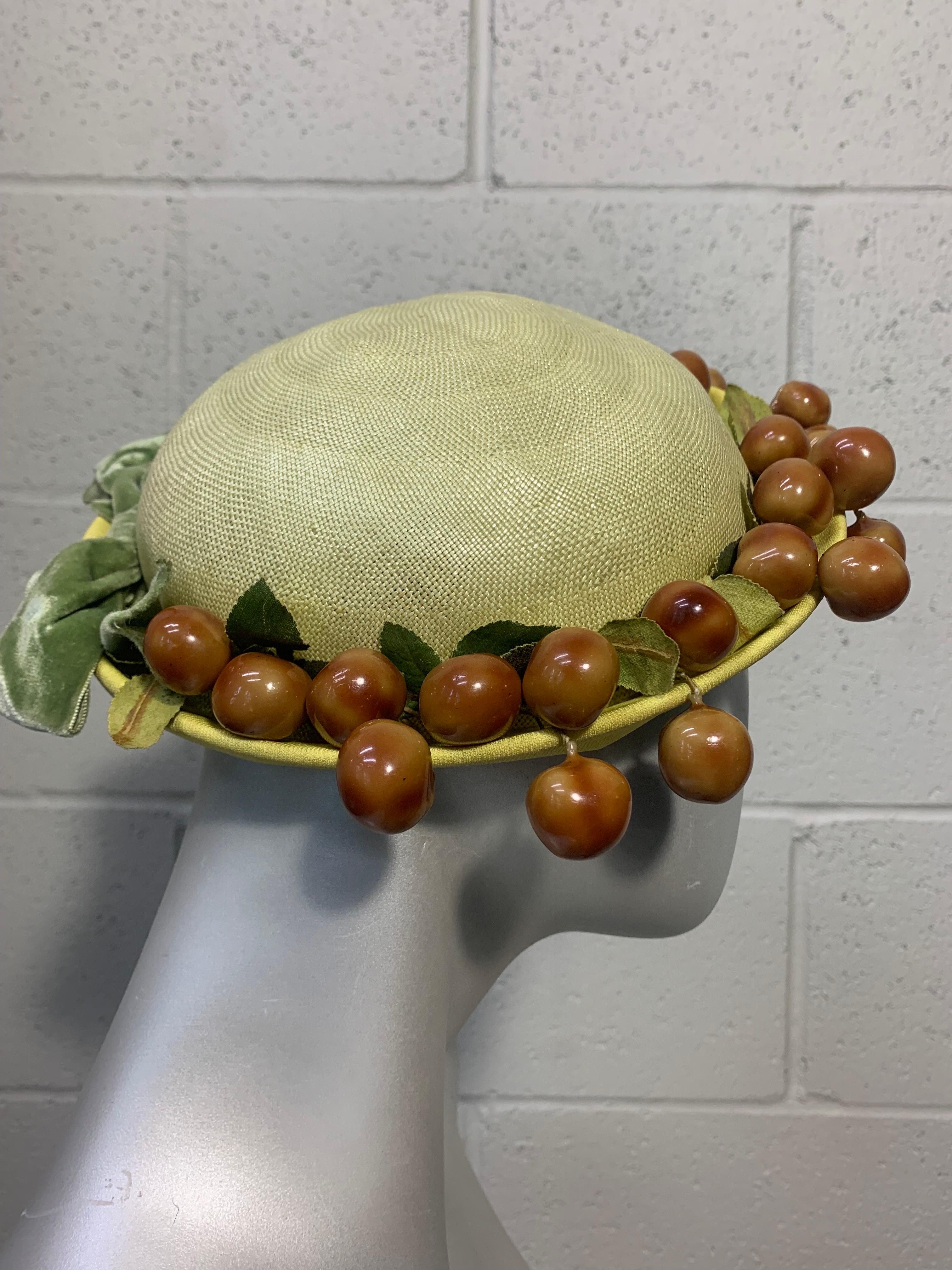 1950s Butter Yellow Breton Straw and Jersey Hat w Whimsical Cherry Garland For Sale 1