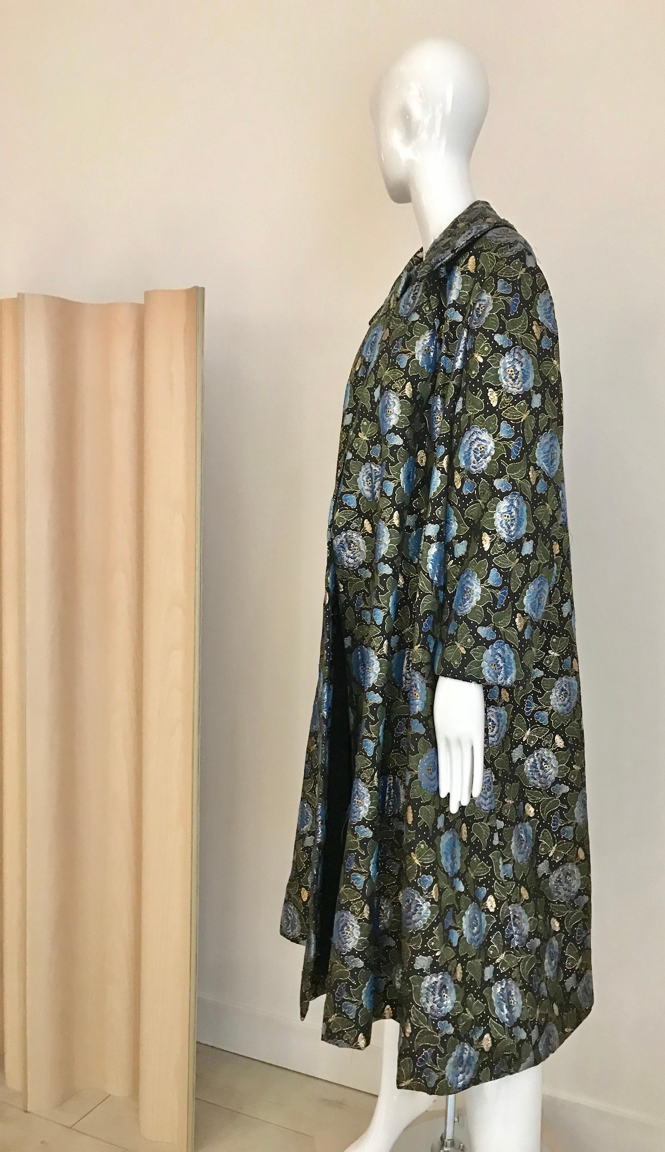 Black  1950s Green and Blue Butterfly Print Brocade  Coat For Sale