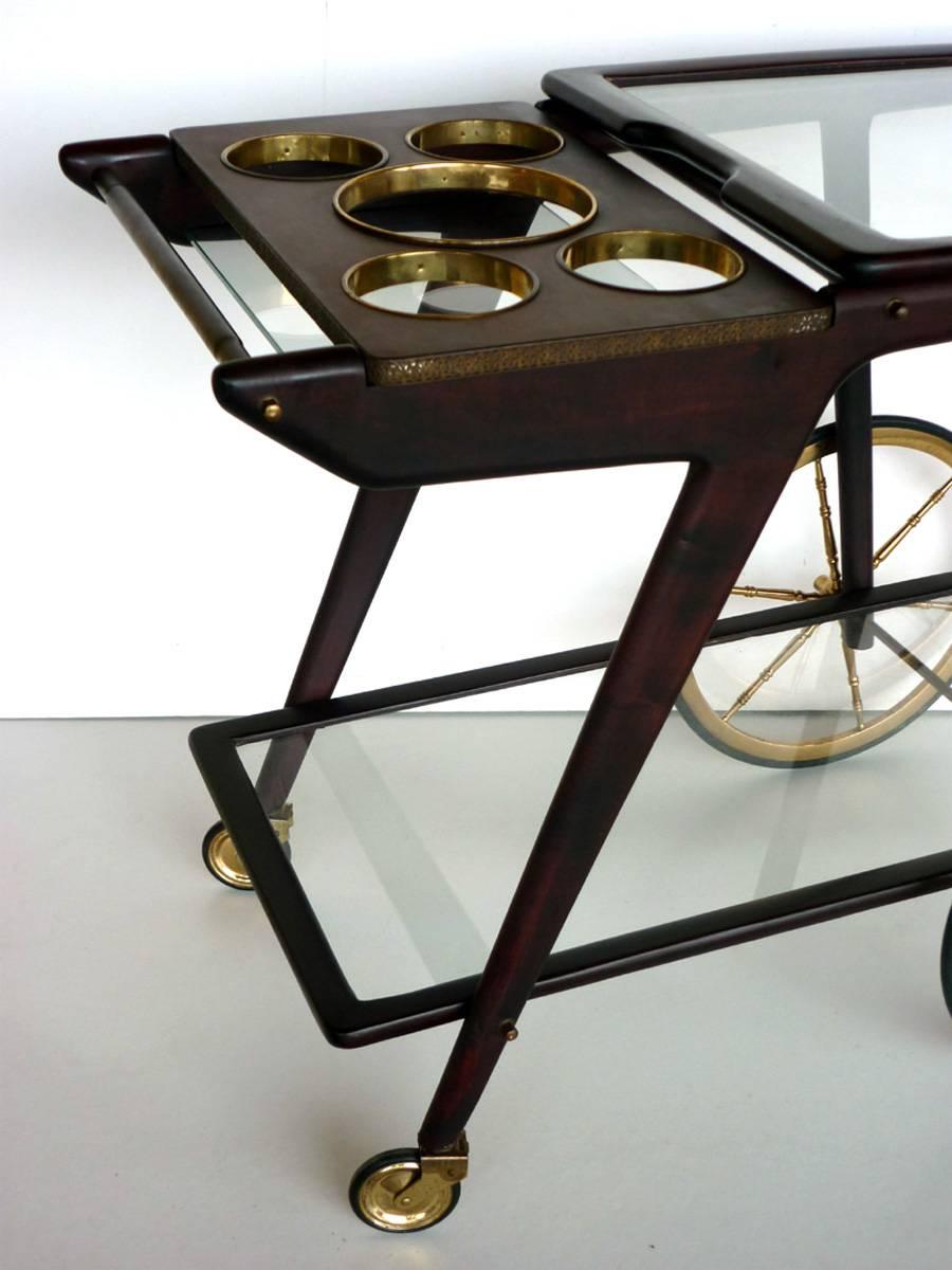 Mid-Century Modern 1950s by Cesare Lacca Italian Midcentury Brass Rosewood Trolley Bar Cart For Sale