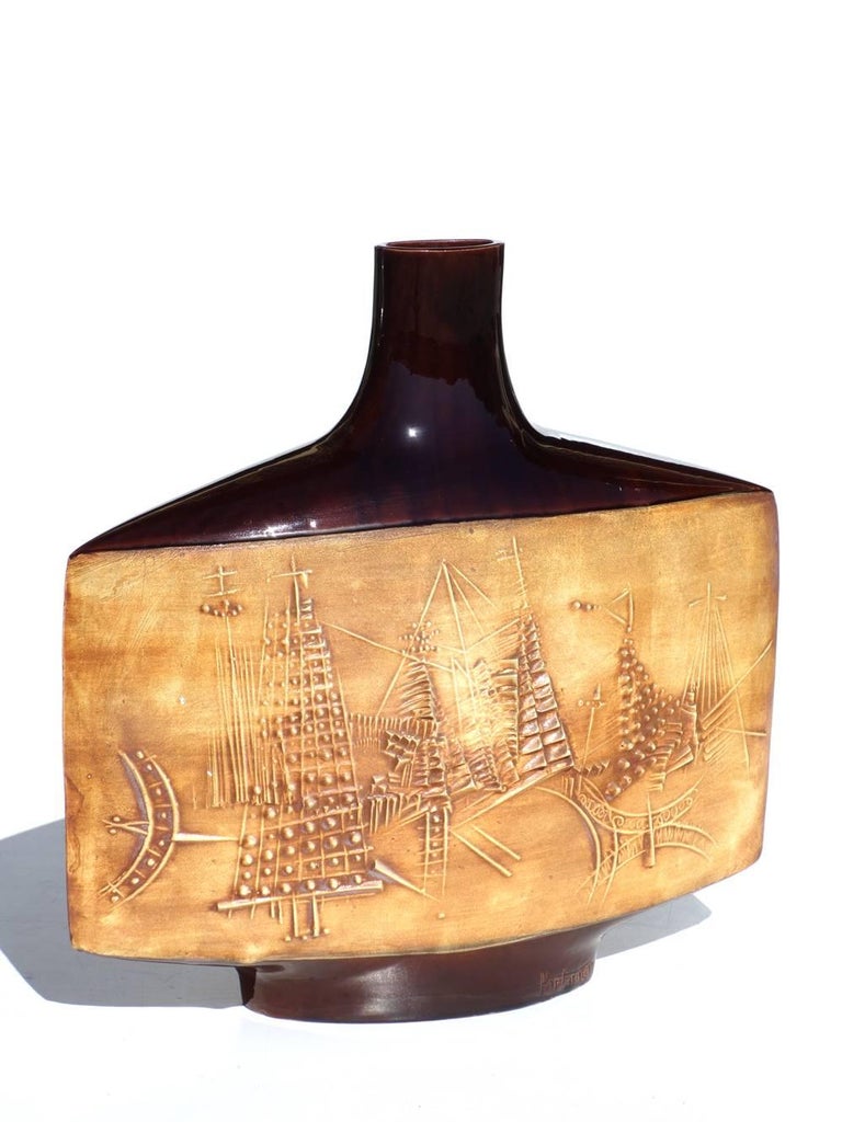 Mid-Century Modern 1950s by Gilbert Portanier Vallauris France Glazed Ceramic Vase For Sale