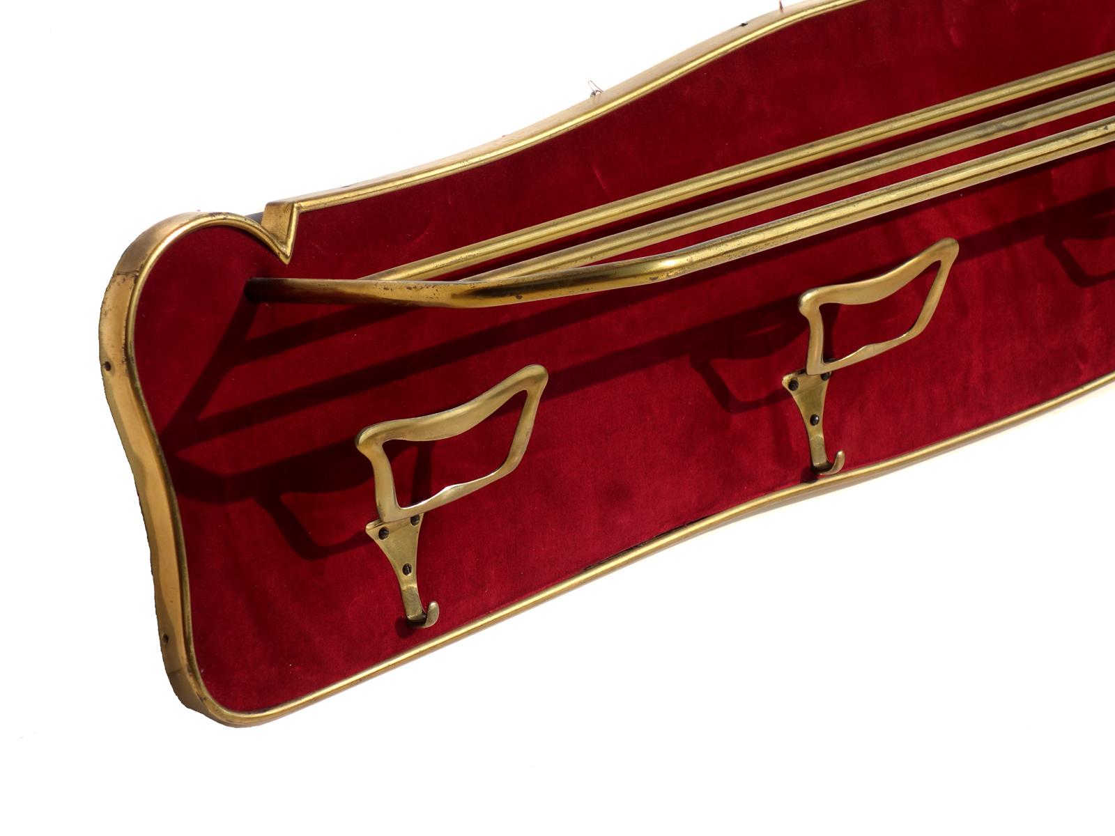 Mid-20th Century 1950s by Paolo Buffa Italian Design Midcentury Brass and Velvet Wall Coat Rack