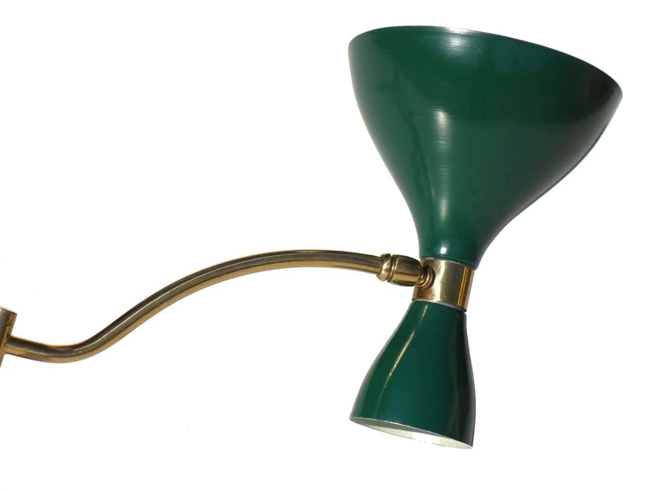 Mid-Century Modern 1950s by Stilnovo Italian Design Brass Green Applique Adjustable Wall Lamp For Sale