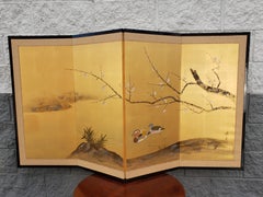 1950s Byobu Showa Japanese Asian Signed Four-Panel Folding Screen