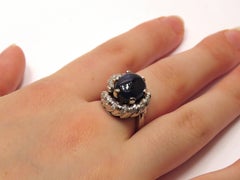 Antique 1950s Cabochon Blue Sapphire Diamonds White 18 Carat Gold Ring