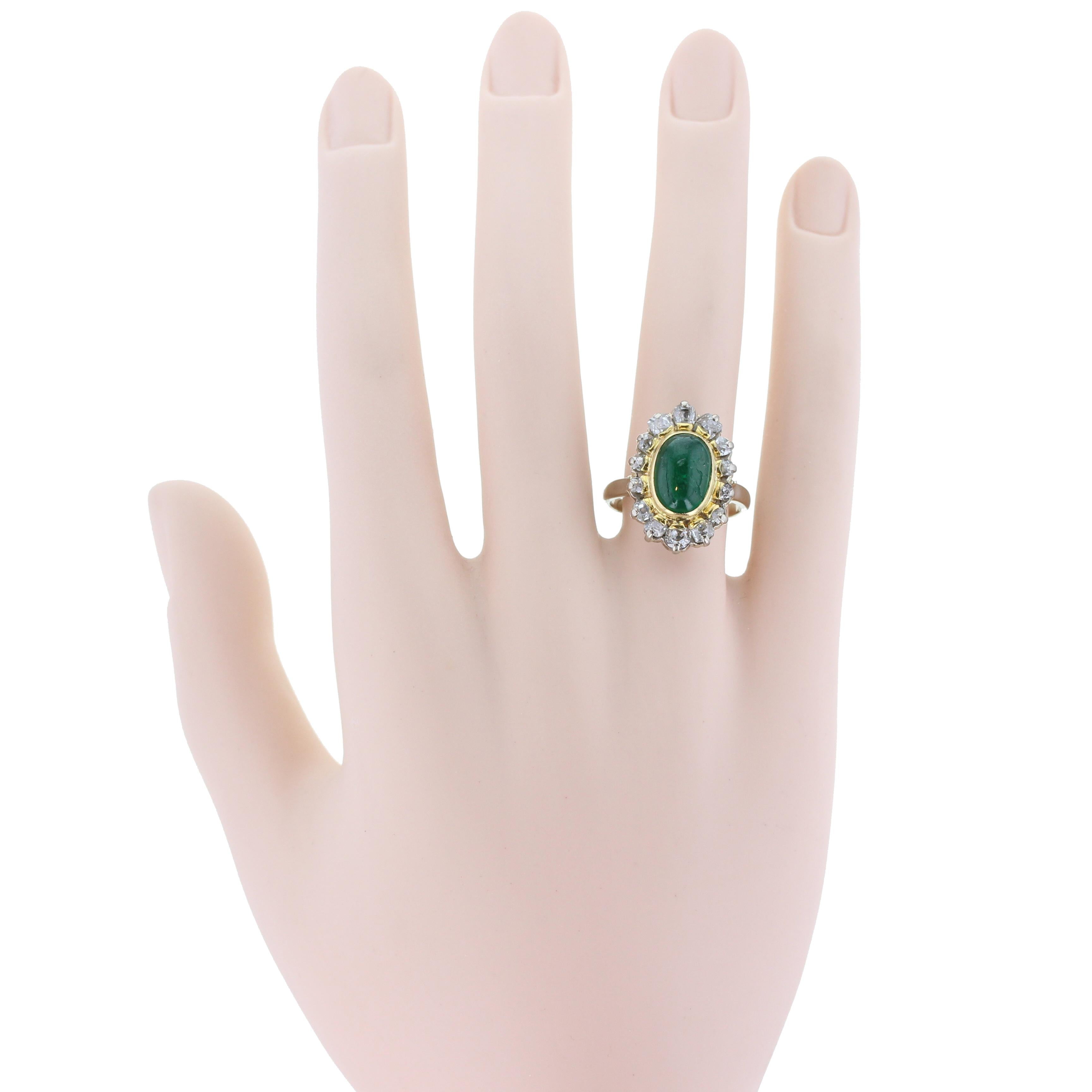 Retro 1950s Cabochon Emerald Diamond Cluster Ring For Sale