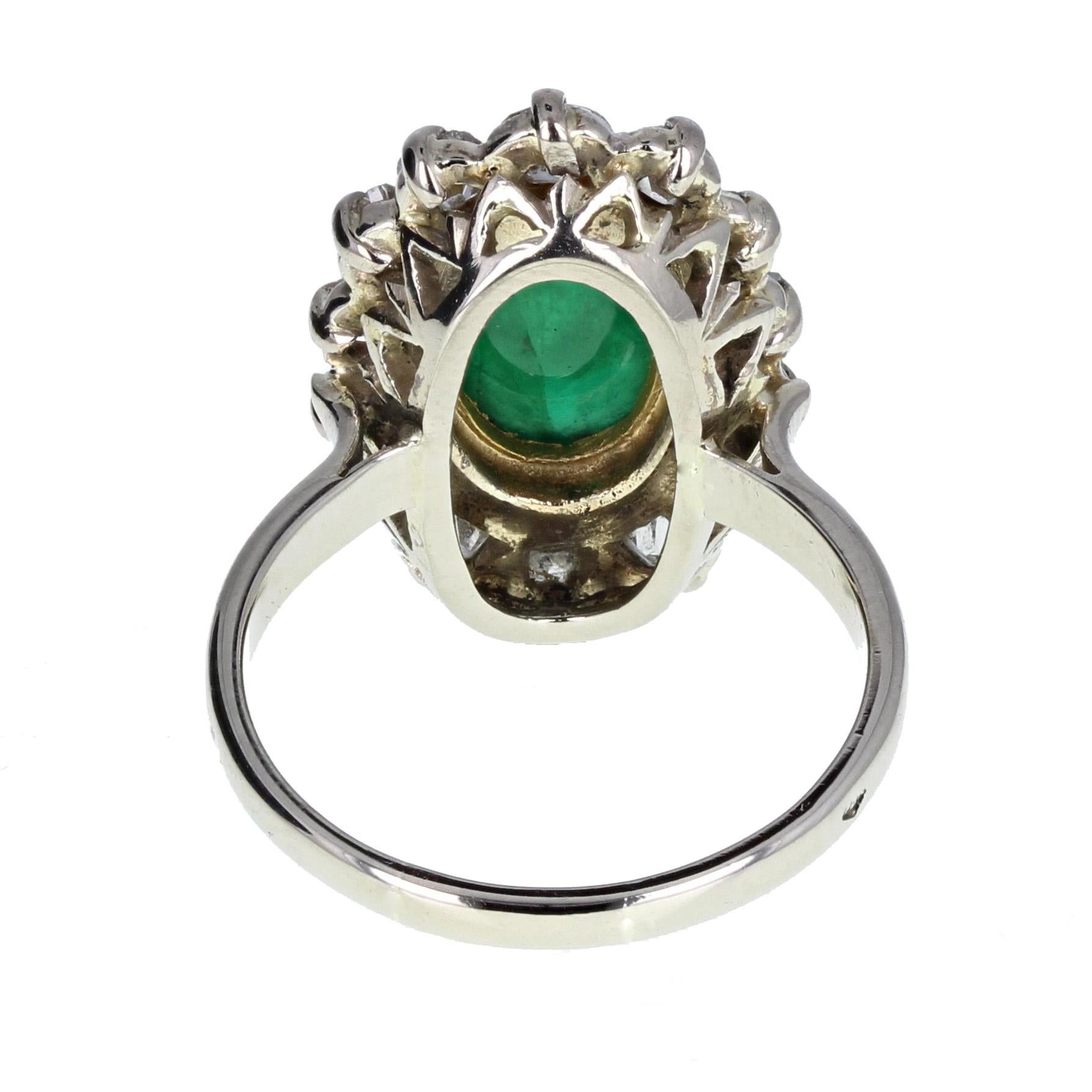 Oval Cut 1950s Cabochon Emerald Diamond Cluster Ring For Sale
