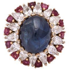1950s Cabochon Sapphire, Ruby and Diamonds Gold Cocktail Ring
