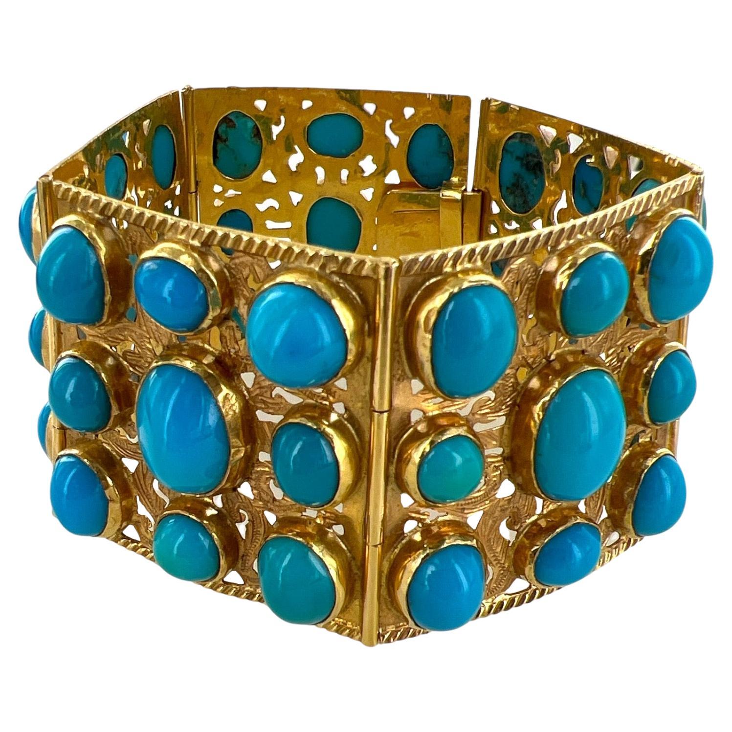 Pulsera con cabujón de turquesa de los años 50 y eslabón ancho de oro amarillo de 18 quilates Cabujón