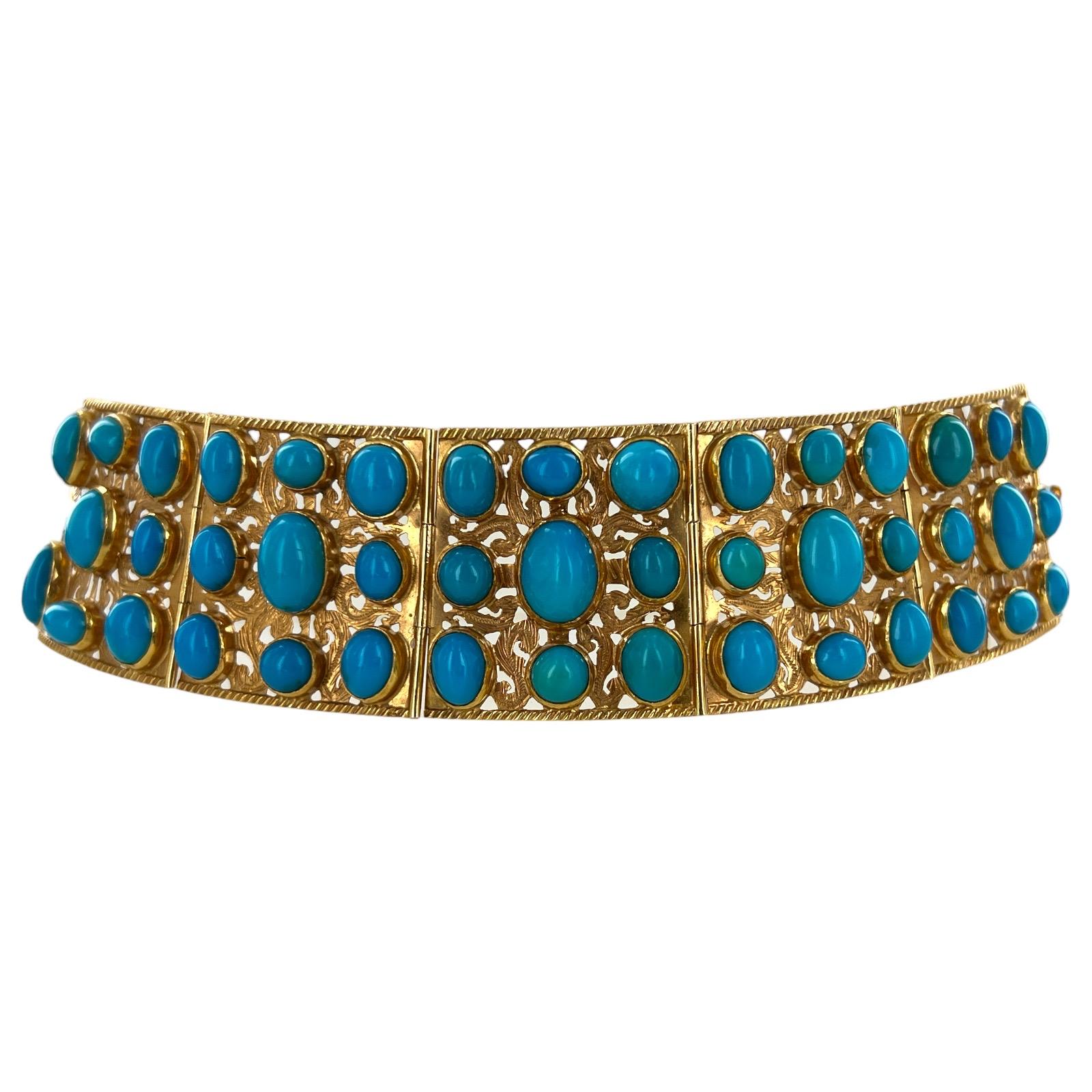 Pulsera con cabujón de turquesa de los años 50 y eslabón ancho de oro amarillo de 18 quilates en Excelente Estado en Boca Raton, FL