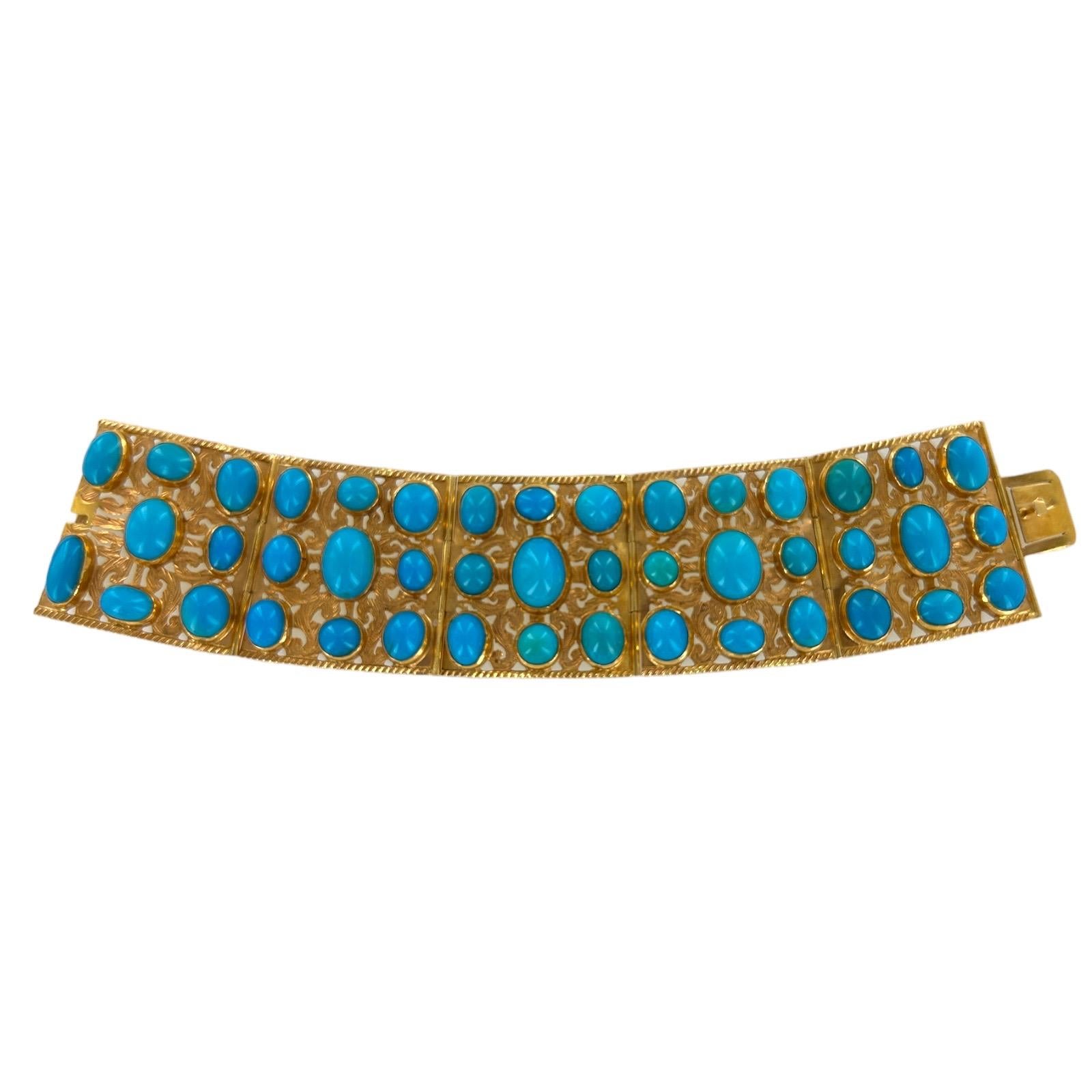 De las mujeres Pulsera con cabujón de turquesa de los años 50 y eslabón ancho de oro amarillo de 18 quilates