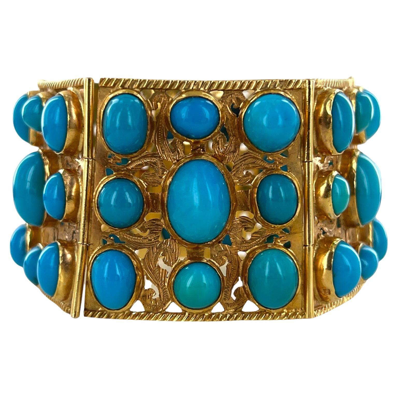 Pulsera con cabujón de turquesa de los años 50 y eslabón ancho de oro amarillo de 18 quilates