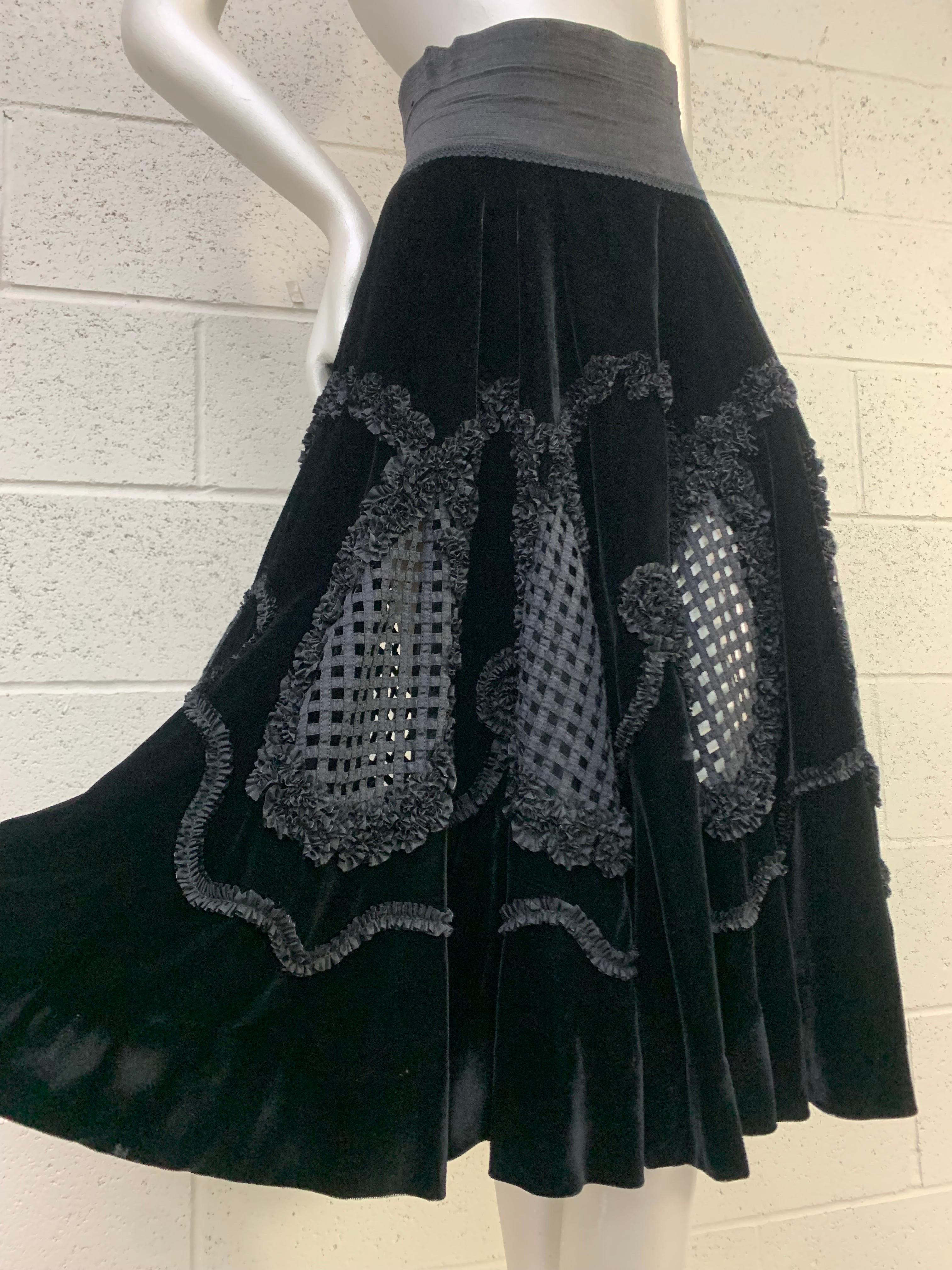 1950s Cadillac Black Silk Velvet Circle Skirt w Wide Waistband & Lattice Design: An extravagant and unusual lattice-work ribbion and ruffled design with peek-a-boo insets. Wide elasticized waistband added for a dramatic silhouette. Fits up to a US