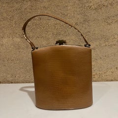 1950s Vintage May Co Calif Ladies Kelly Handbag Purse Tan Croc Metal Trim