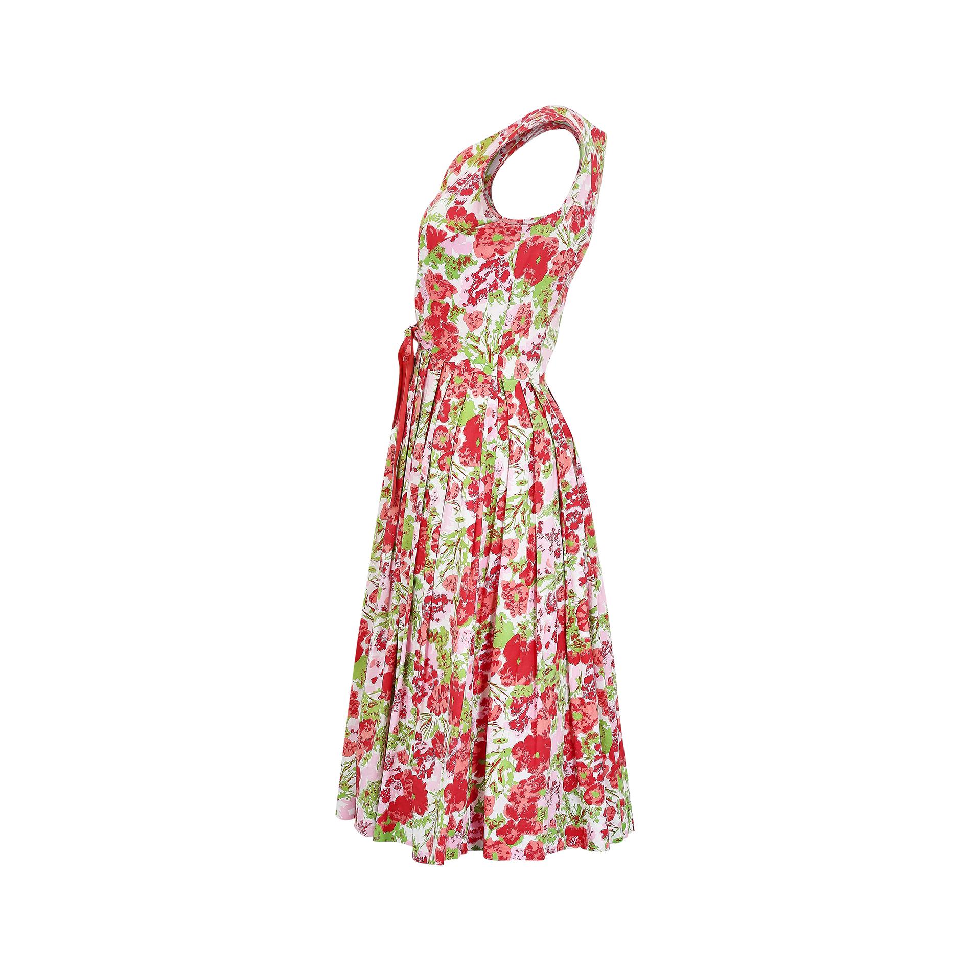 1950er Jahre Kalifornien Baumwolle Floral Hemd Waister Kleid (Beige) im Angebot