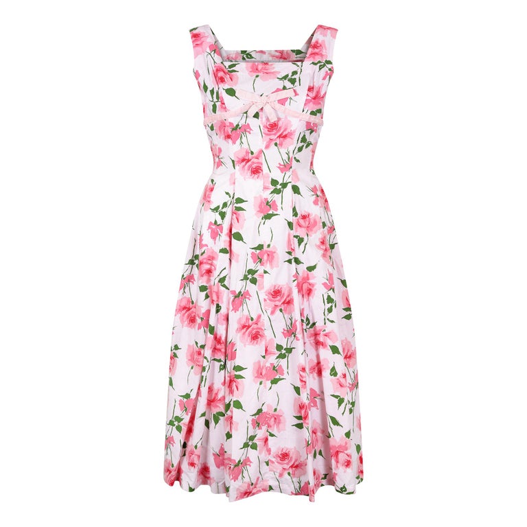 1950s California Cottons Pink Floral Rose Print Cotton Dress with ...