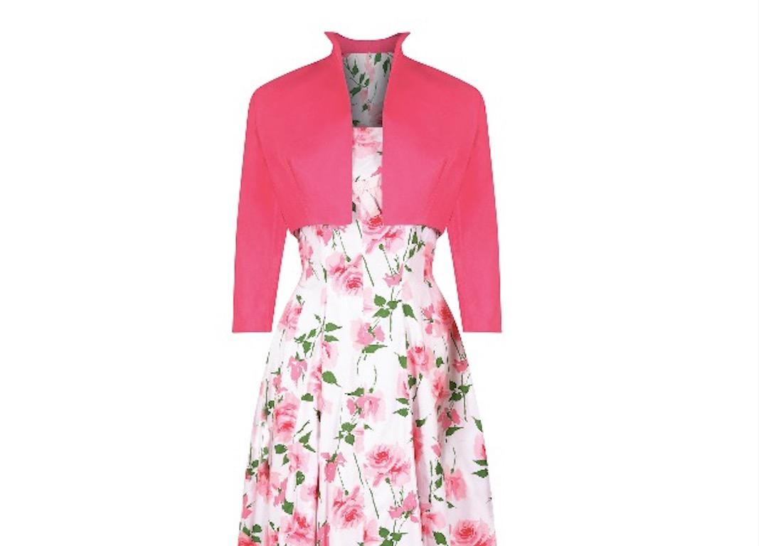 1950er California Cottons Rosa Baumwollkleid mit Blumen-Rosendruck und Bolero-Jacke 1